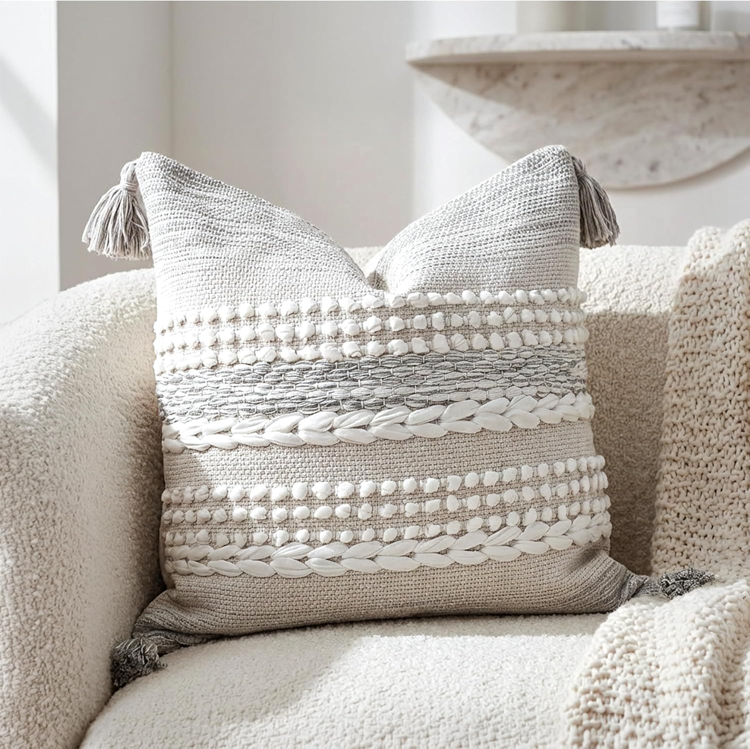 Lumbar Boho Beige Throw Pillow Cover — 36" — 20" x 20" (Pack of 1)