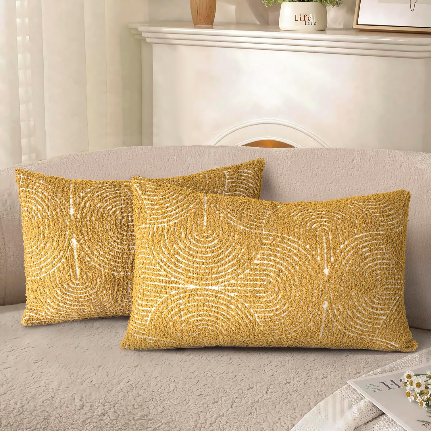 Tufted Boho Beige Throw Pillow Cover — 18" — Mustard Yellow