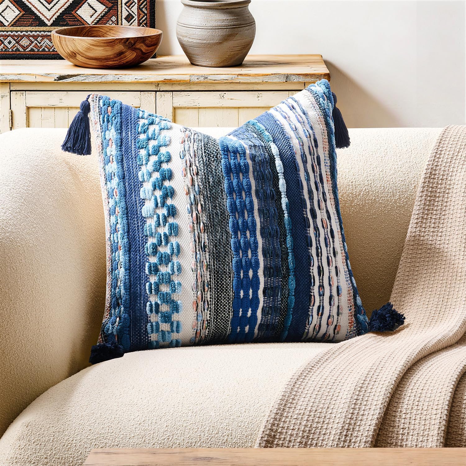 Tufted Boho Beige Throw Pillow Cover — 20" — 20" x 20" (Pack of 1)