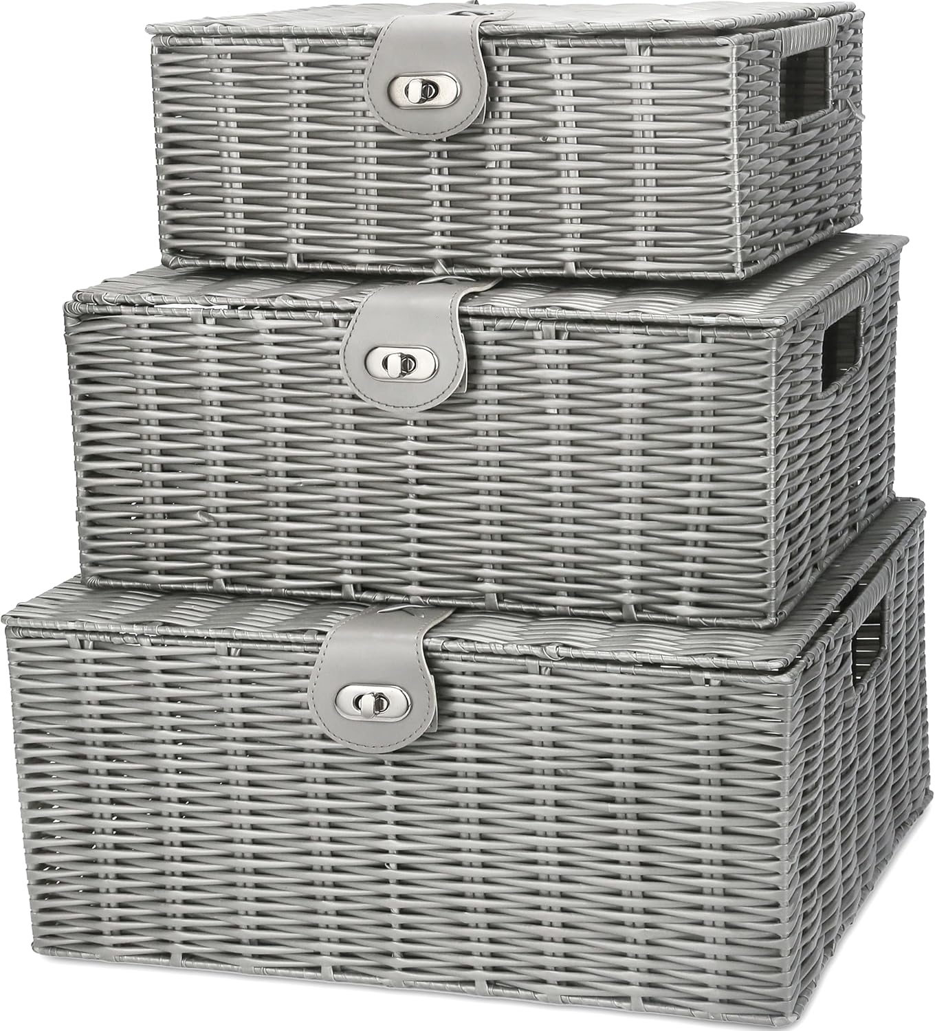 Boho Black Woven Basket — Set of 3 — Grey
