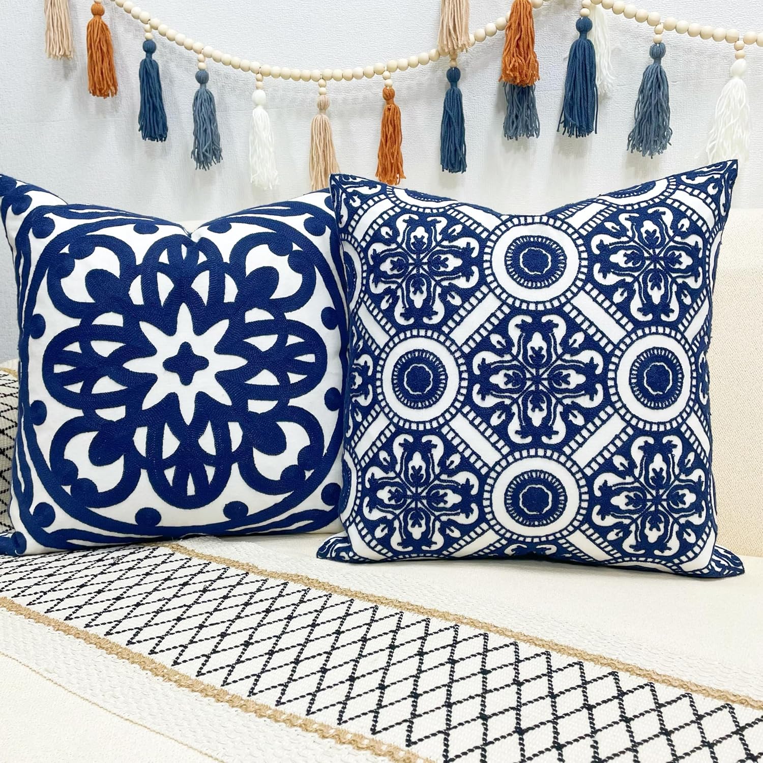 Embroidered Boho Beige Throw Pillow Cover — 18" - View 7