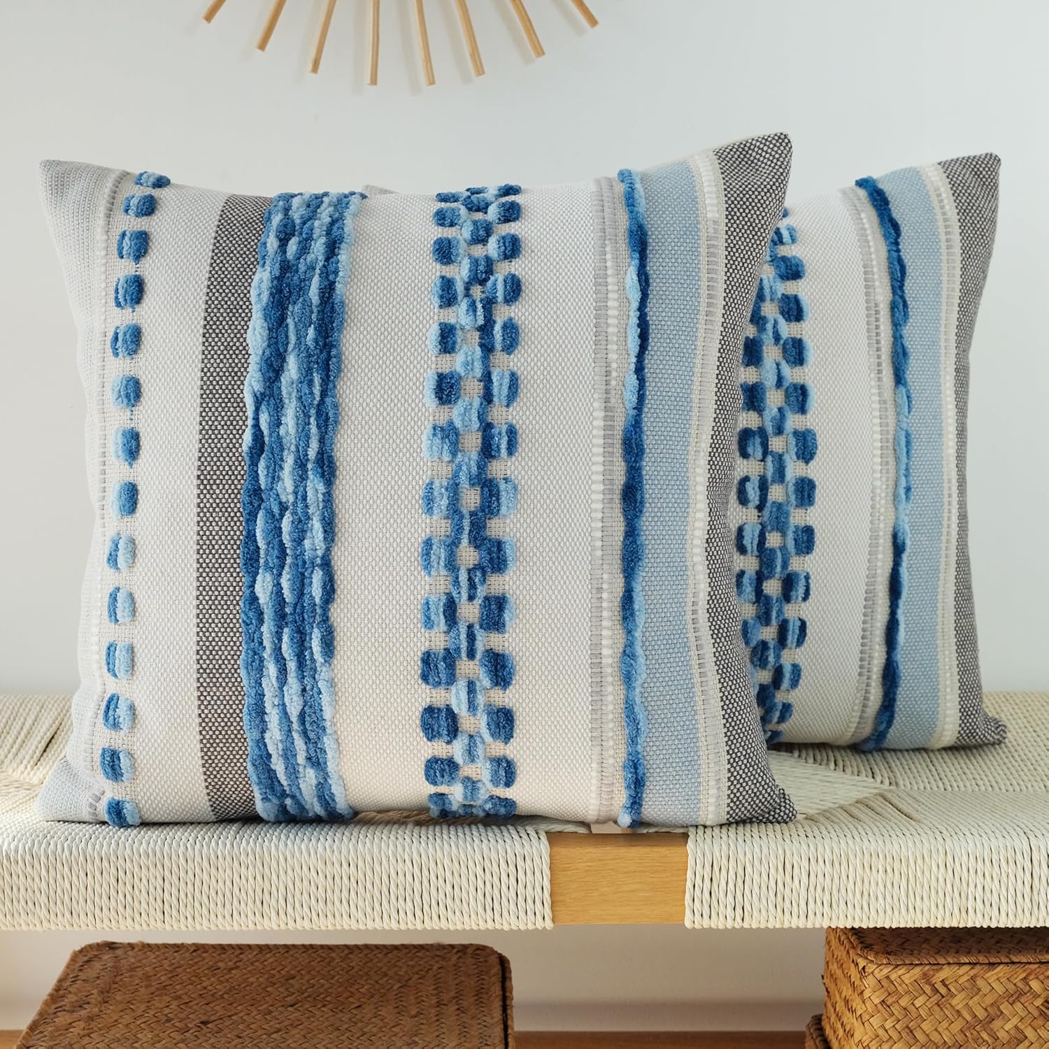 Boho Blue Throw Pillow Cover — 18" — Blue Stripe