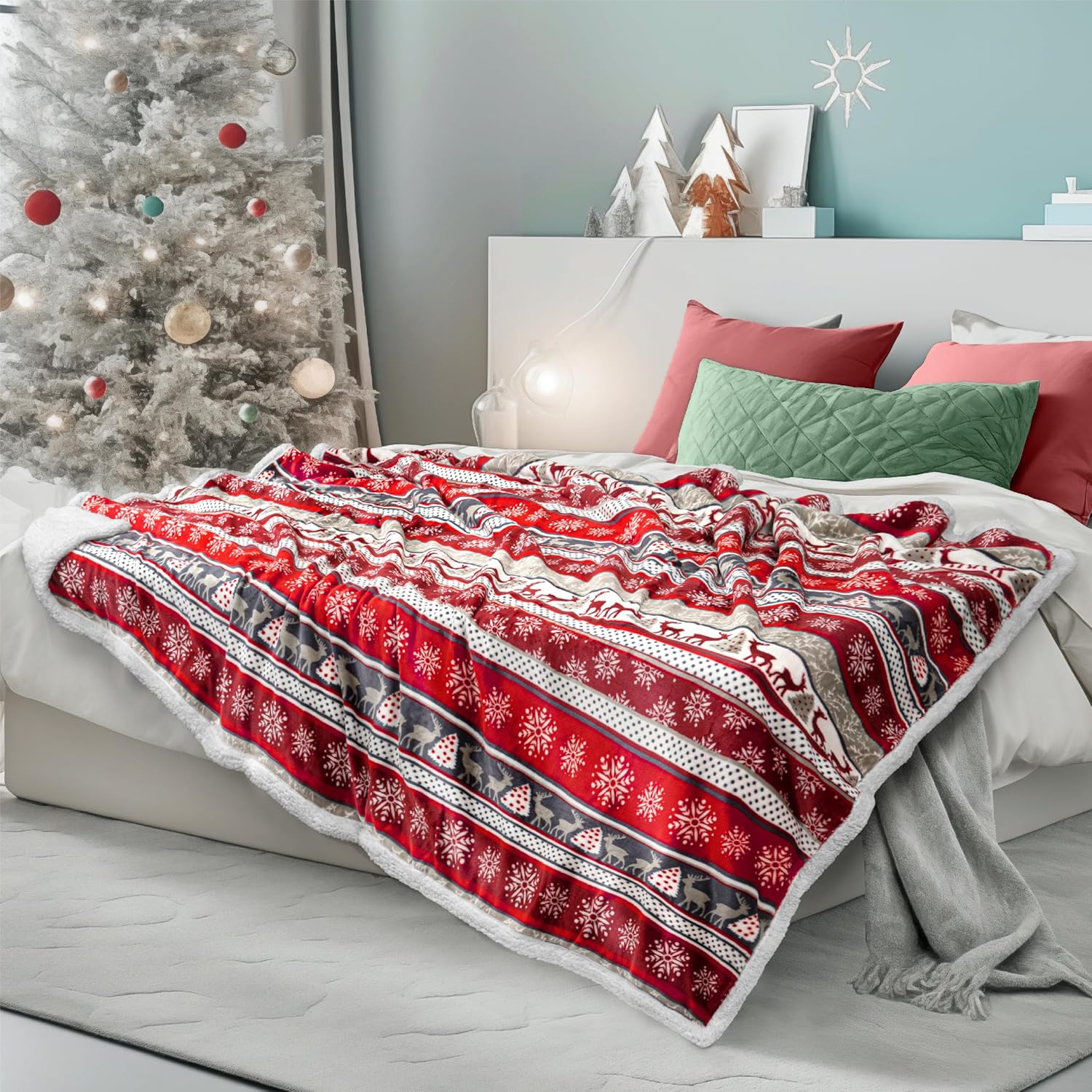 Beige Throw Pillow — 60" — Holiday-reindeer