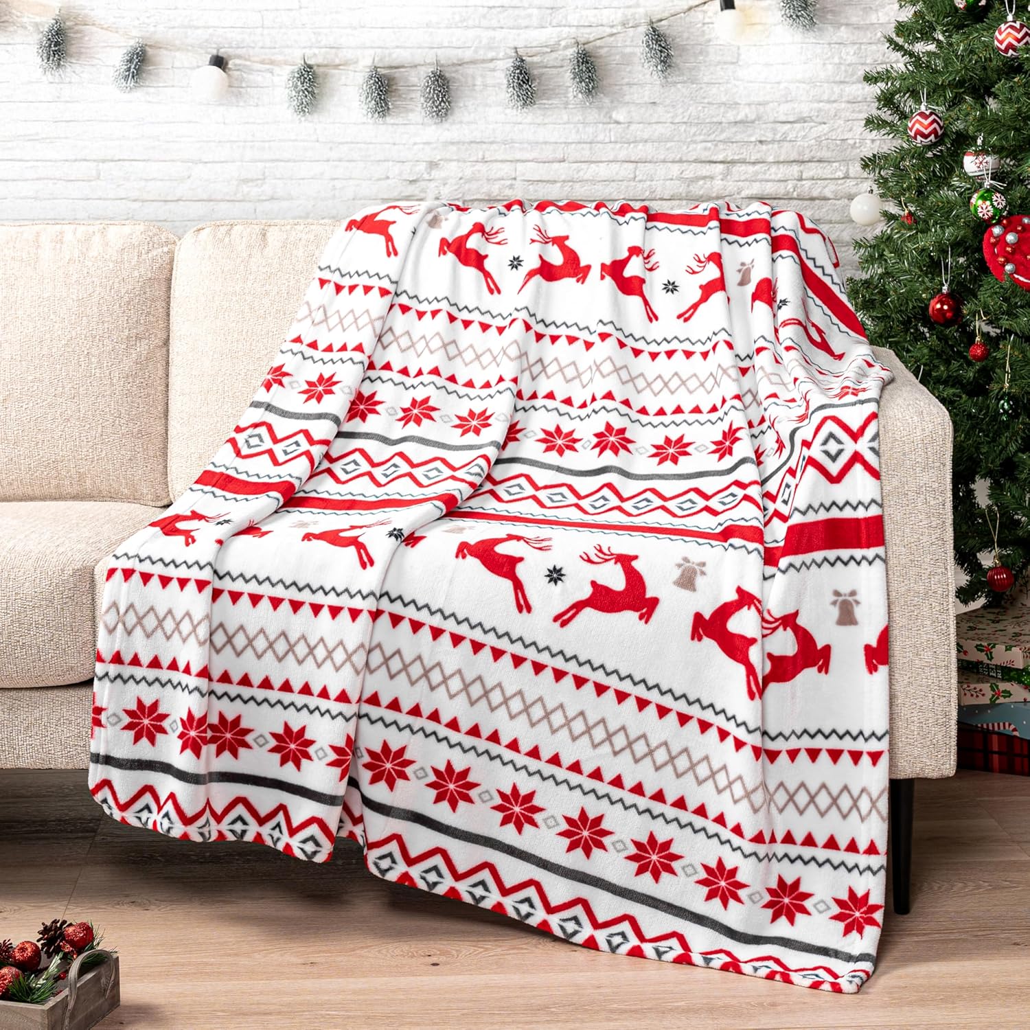 Beige Throw Pillow — 60" — White Reindeer