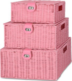 Boho Black Woven Basket — Set of 3 — Pink