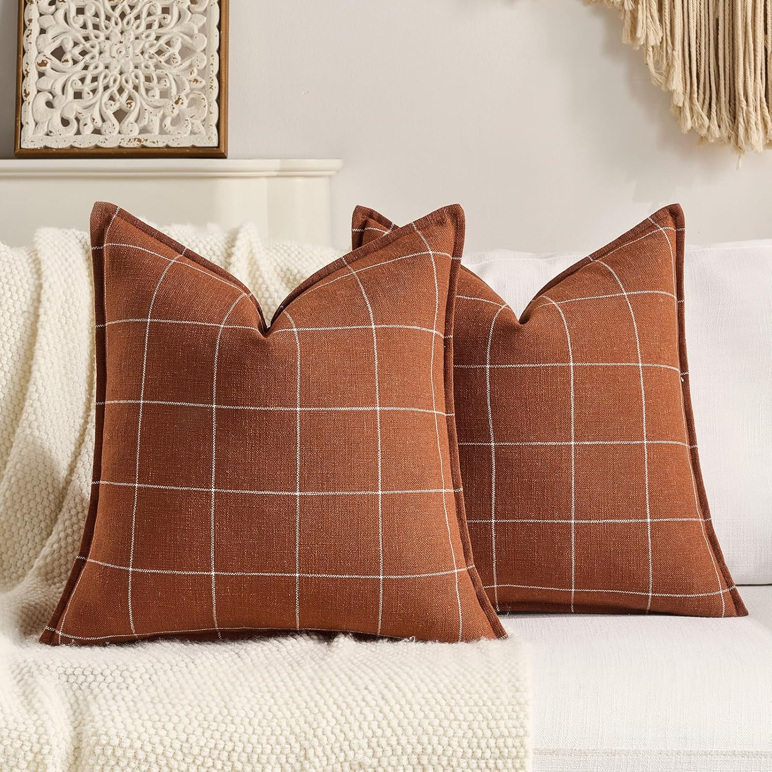 Linen Boho Beige Throw Pillow Cover — 20" — Terracotta Plaid Set of 2