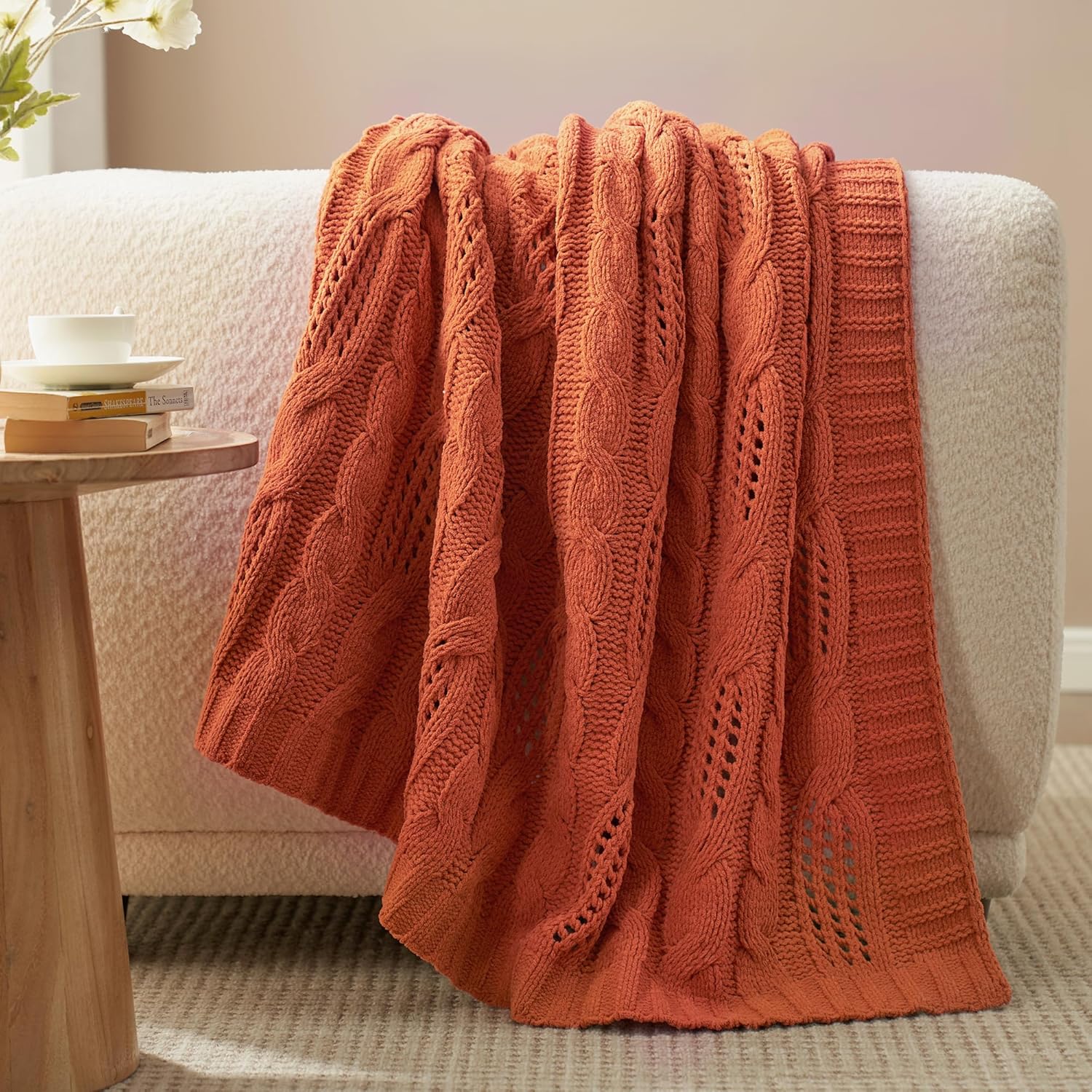 Knit Farmhouse Beige Throw Pillow — 50" — Burnt Orange