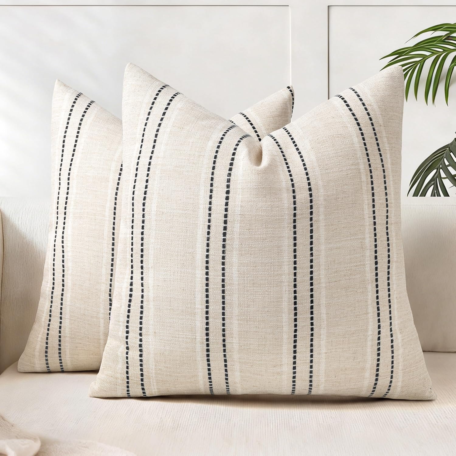 Linen Boho Fabric Throw Pillow Cover — 18" — Beige With White & Black