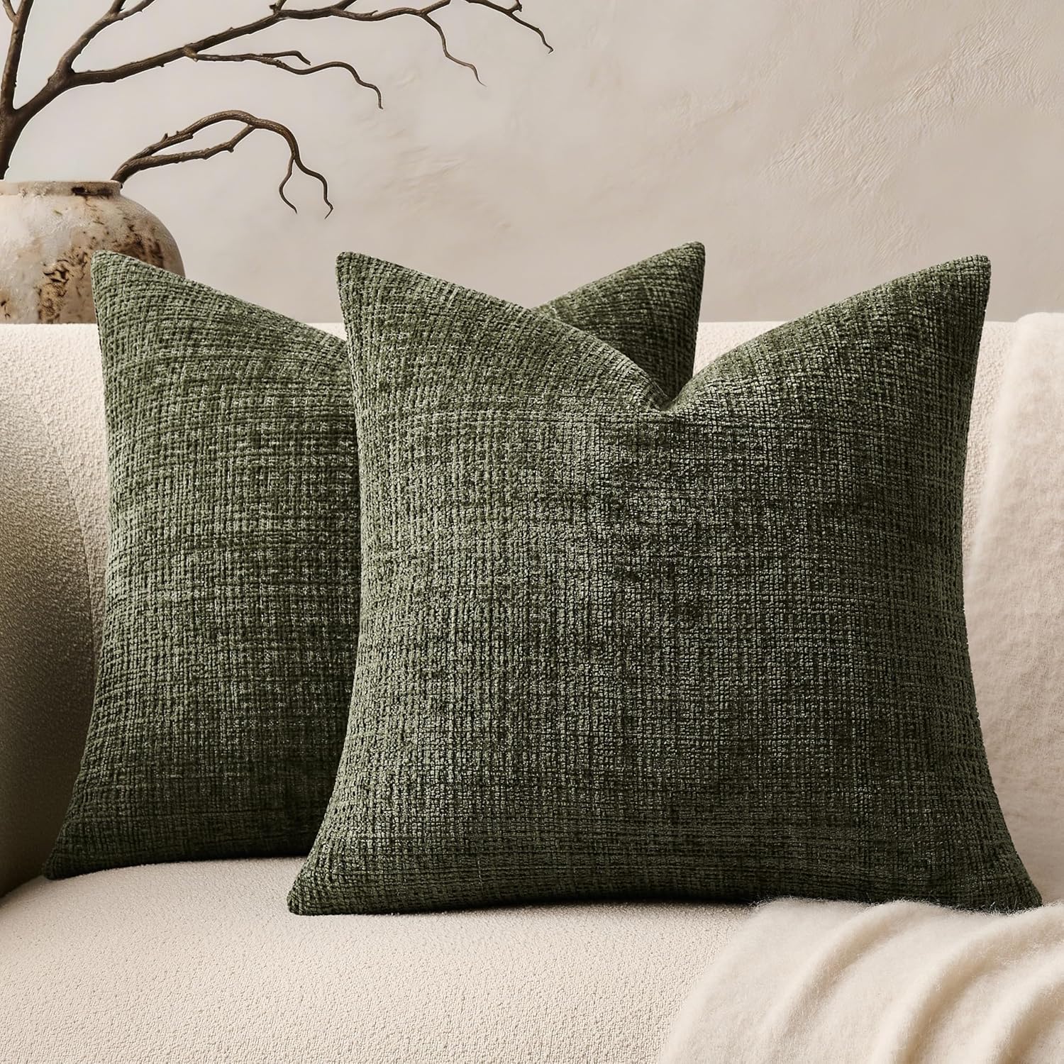 Chenille Boho Blue Throw Pillow Cover — 20" — Olive
