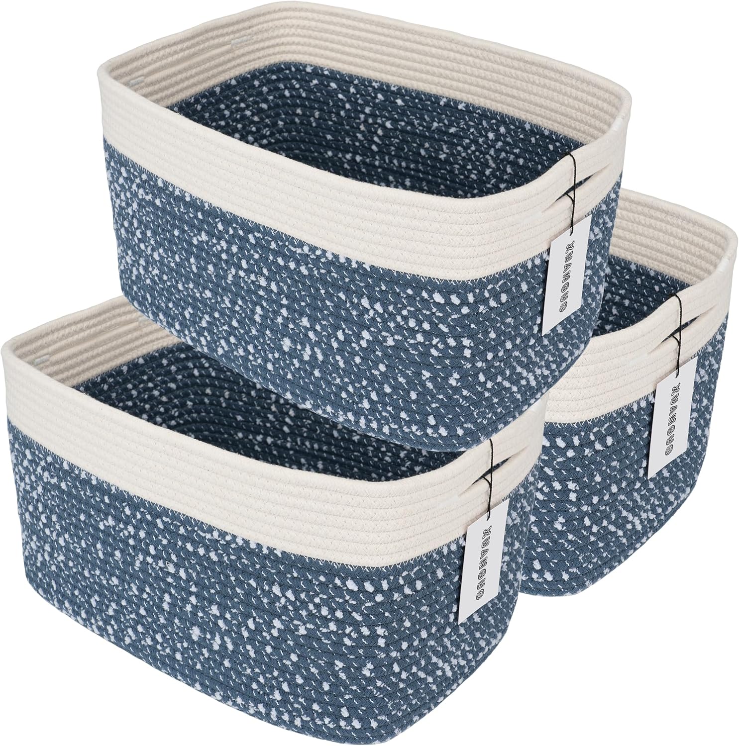 Boho Beige Woven Basket — 9.3" — blue and white
