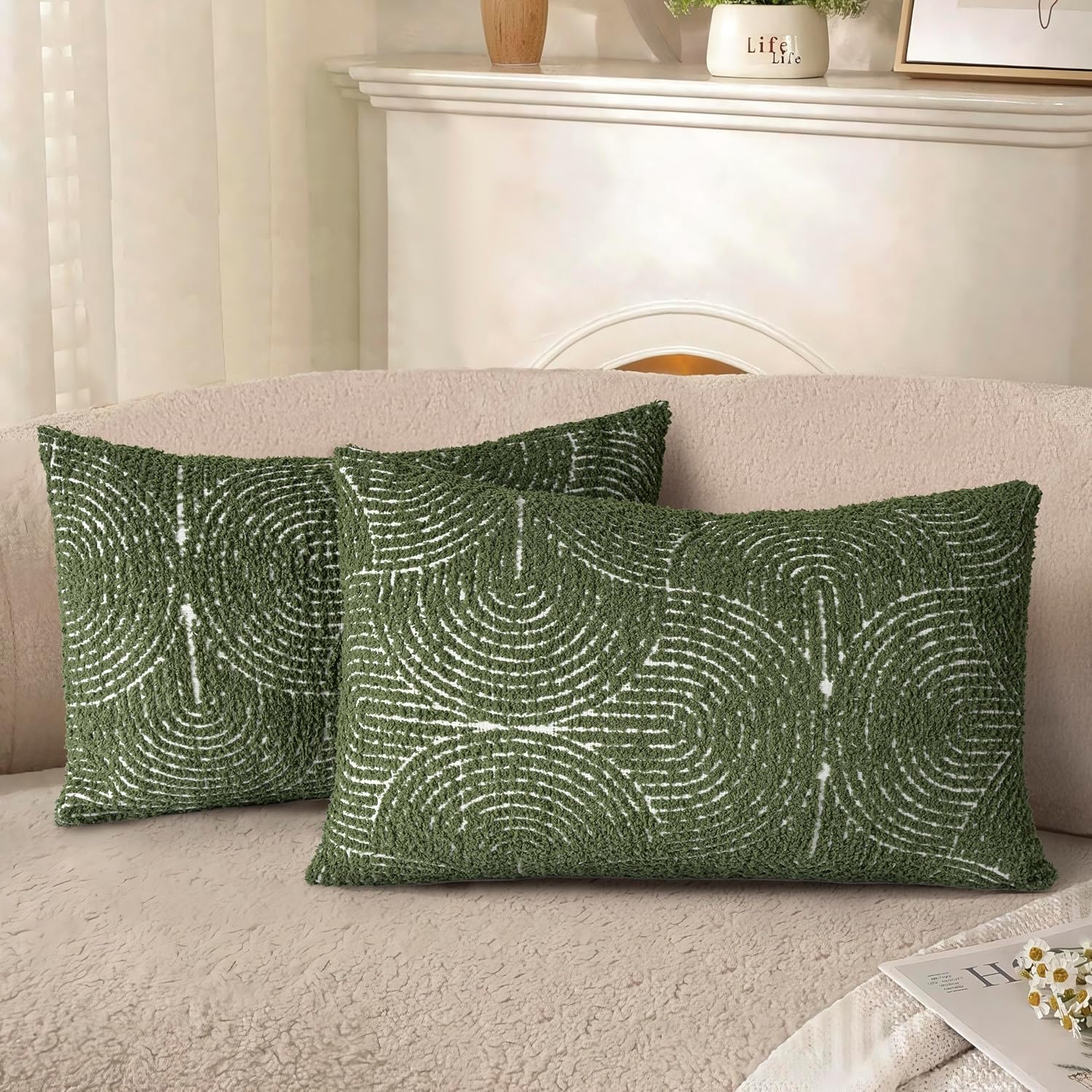 Tufted Boho Beige Throw Pillow Cover — 18" — Olive Green