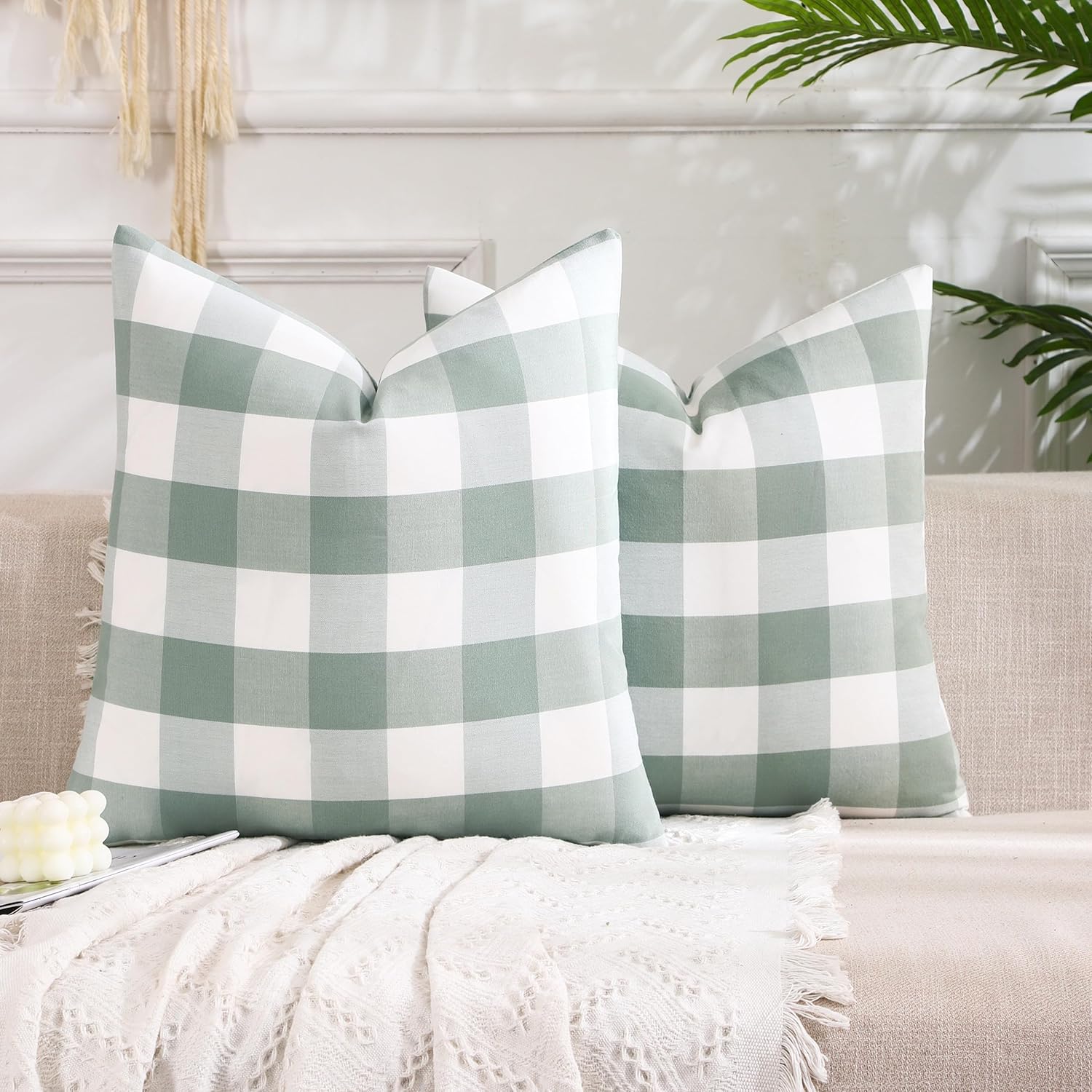 Boho Beige Throw Pillow Cover — 18" — Grey Green Check