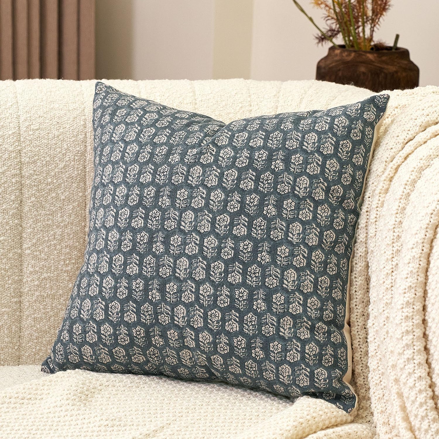 Farmhouse Beige Throw Pillow Cover — 18" — Dusty Blue