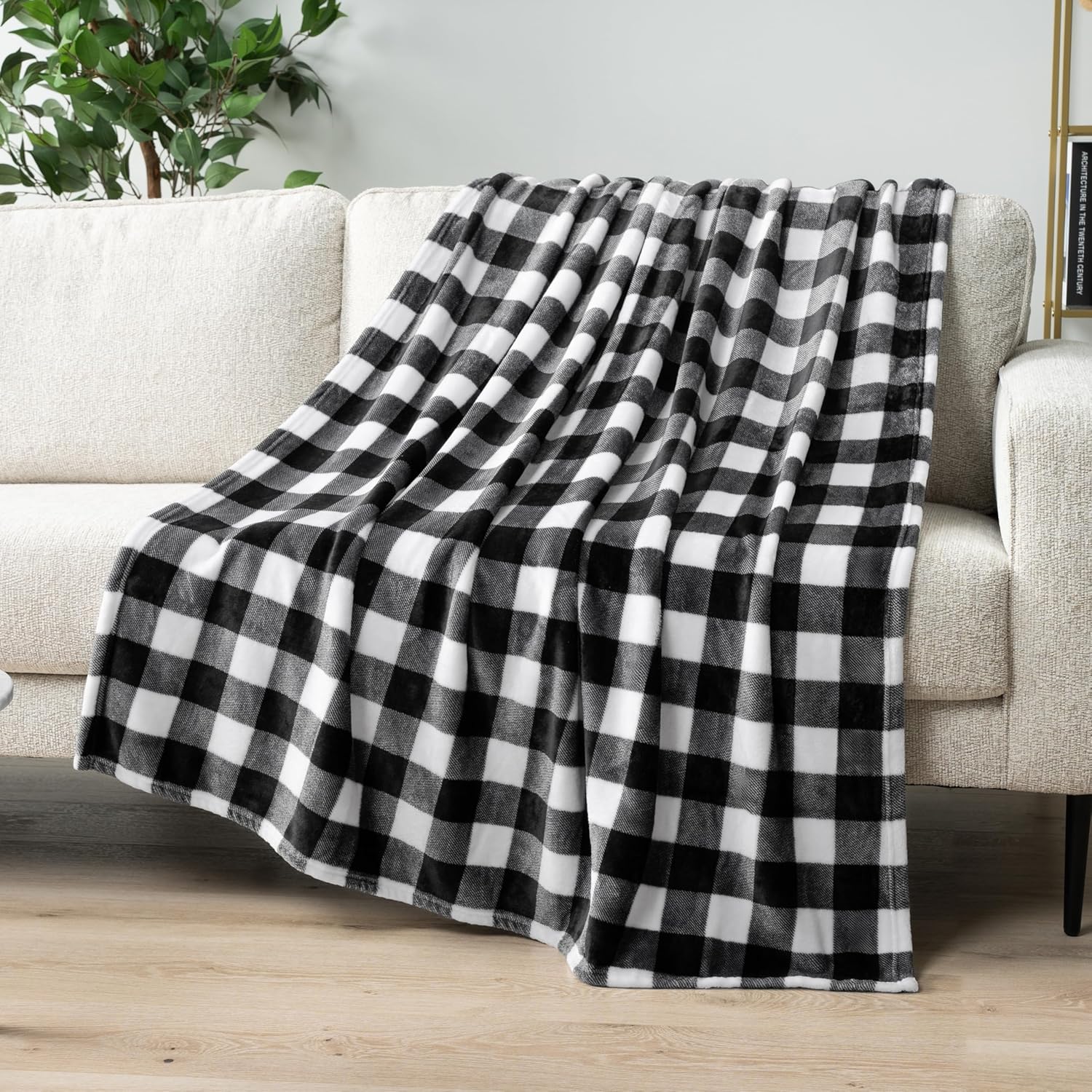 Beige Throw Pillow — 60" — Plaid White/Black