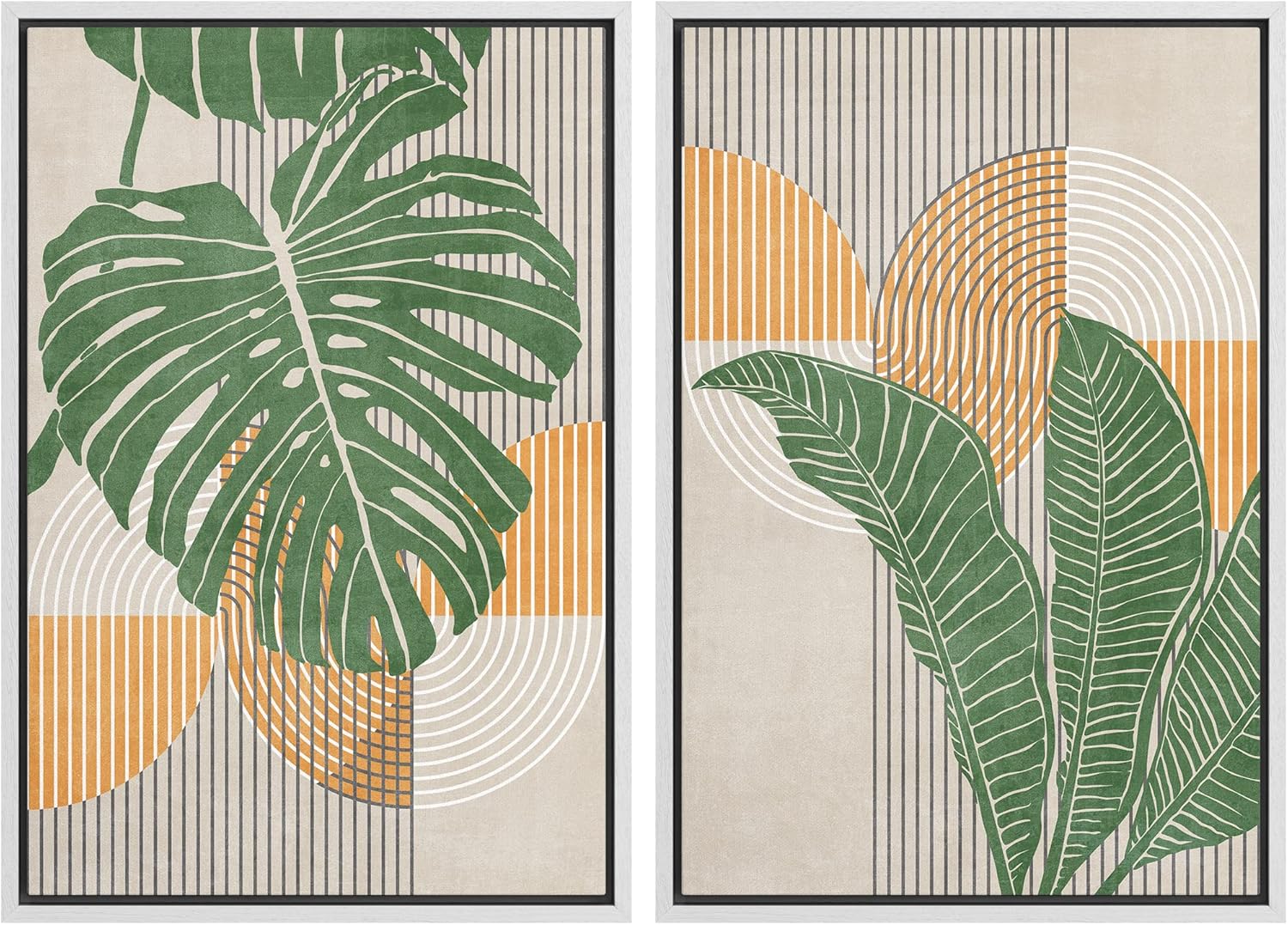 Framed Mid-Century Fabric Wall Art — 16" — 24" x 36" x 2 Panels WHITE