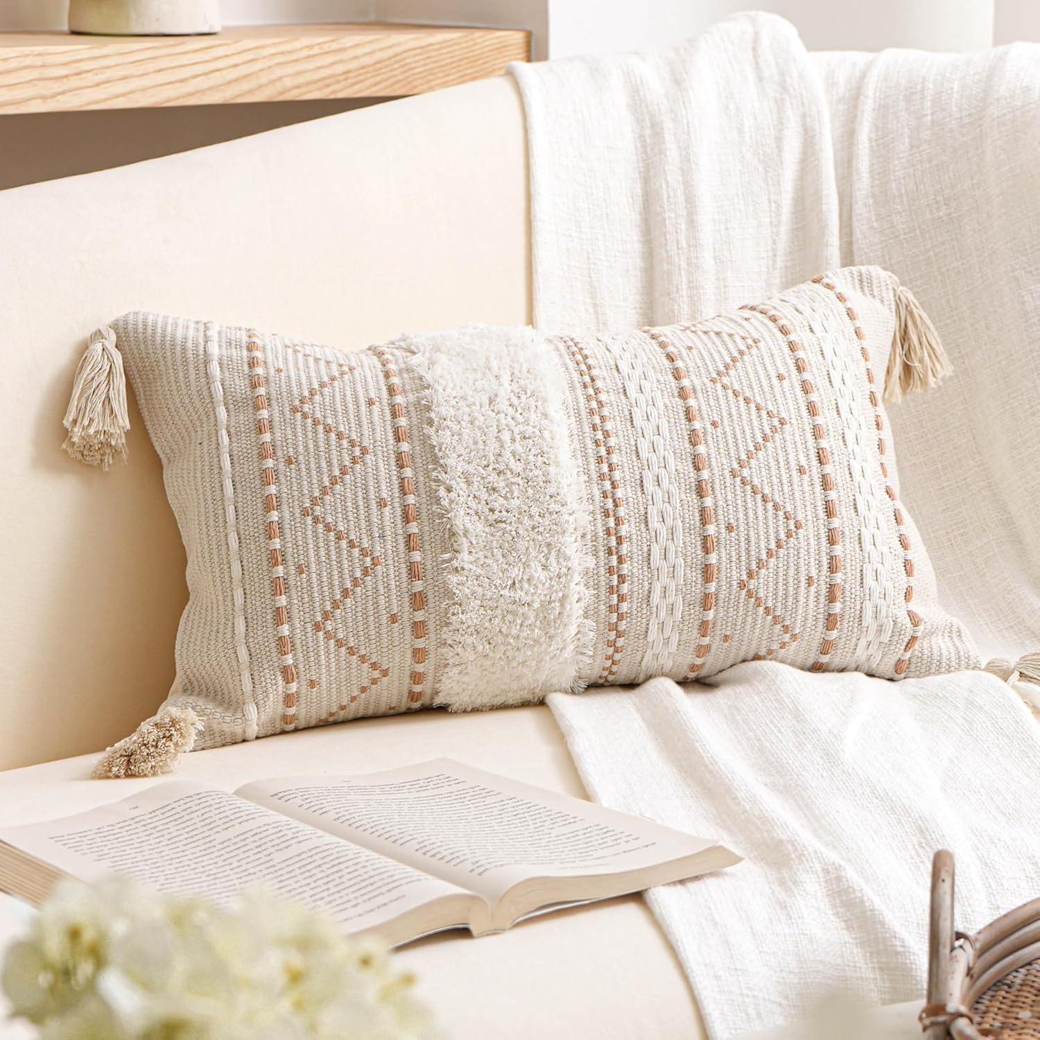 Tufted Boho Beige Pillow Cover — 36" — 20" x 12" (Pack of 1)