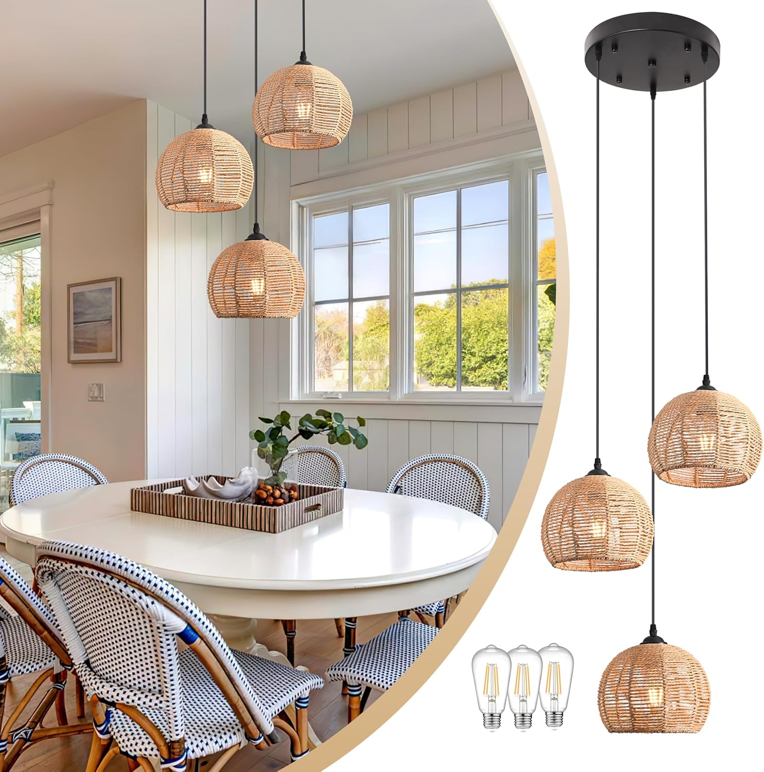 Boho Beige Chandelier — 12.2" — 11.8" Natural 3-Light