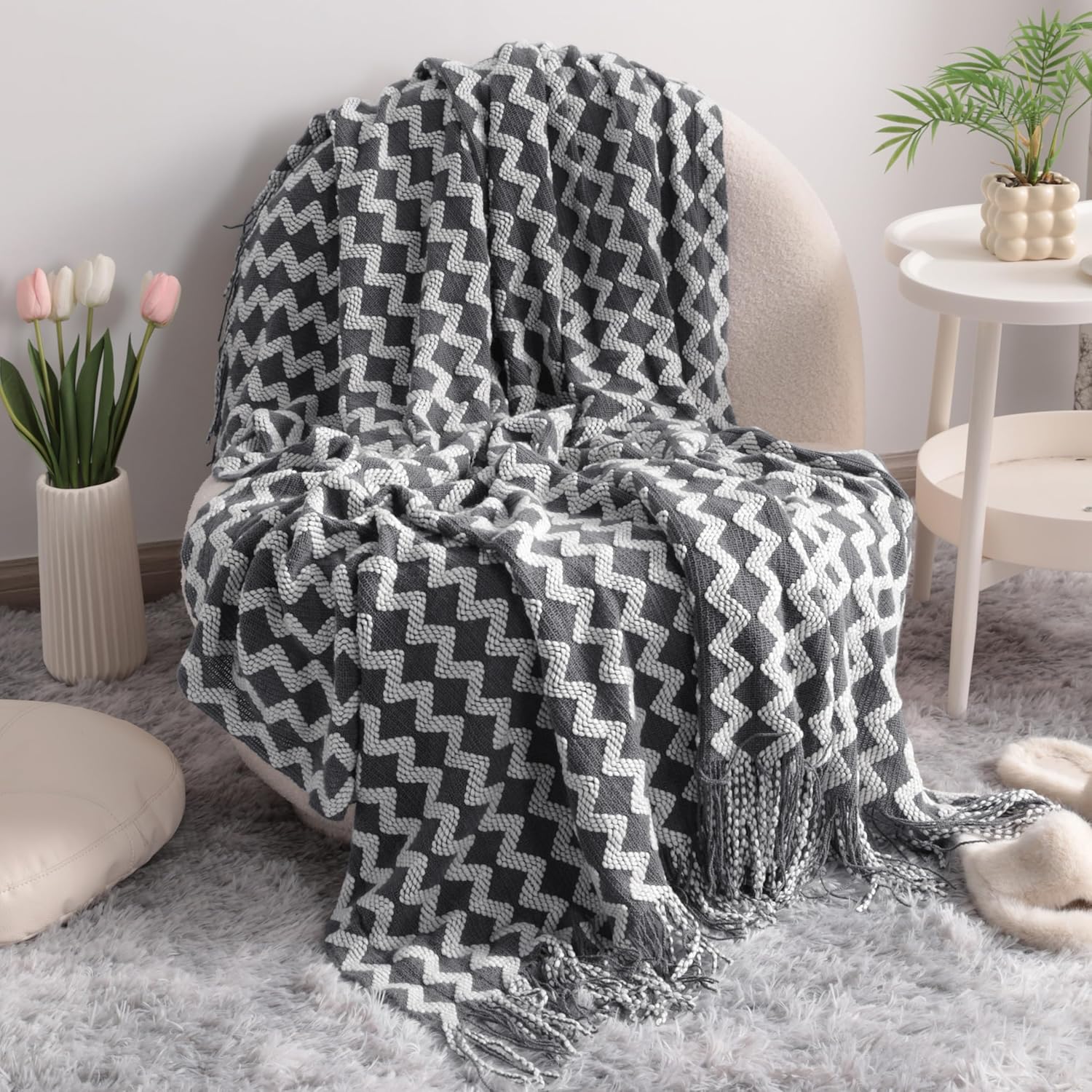 Boho Beige Throw Pillow — 51" — Charcoal