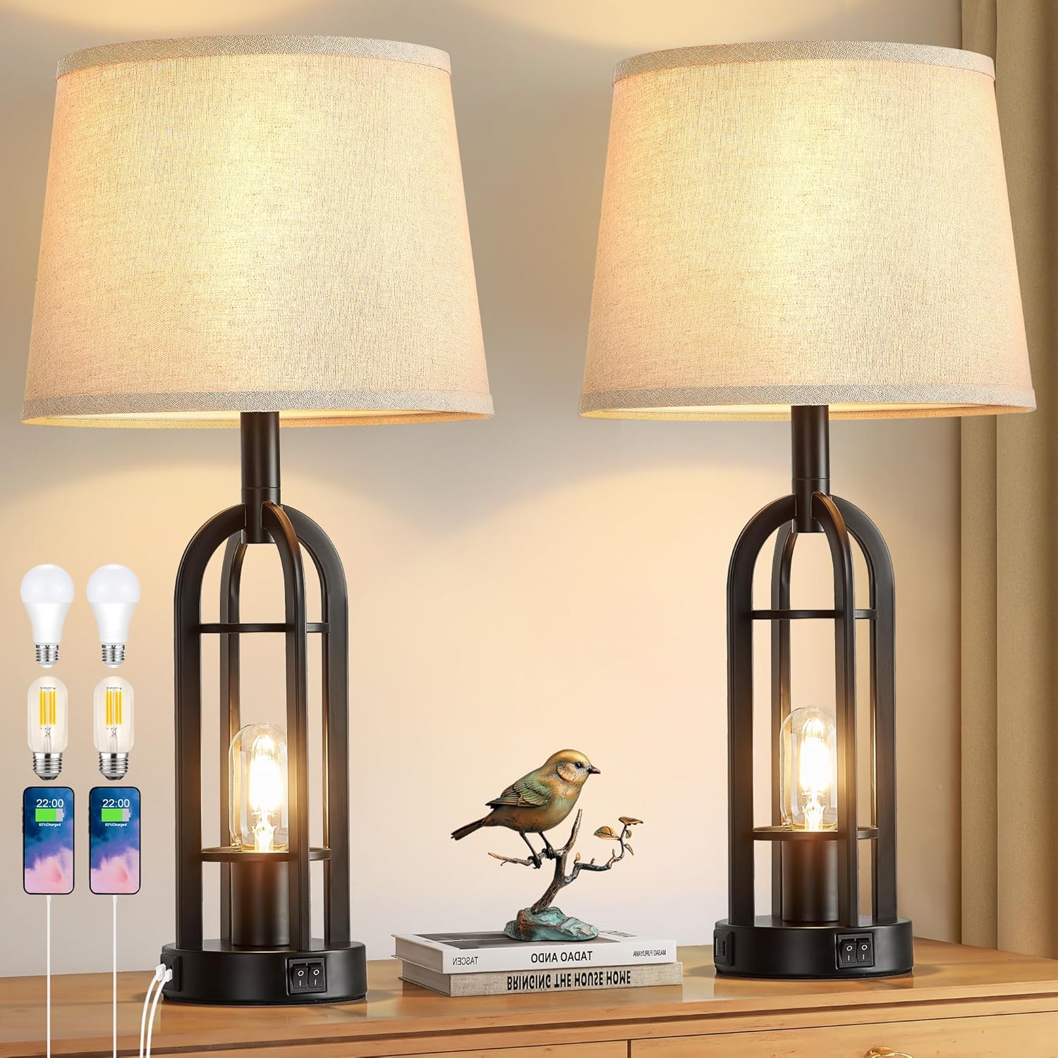 USB Farmhouse Black Bedside Lamp — 24" — 1.Black
