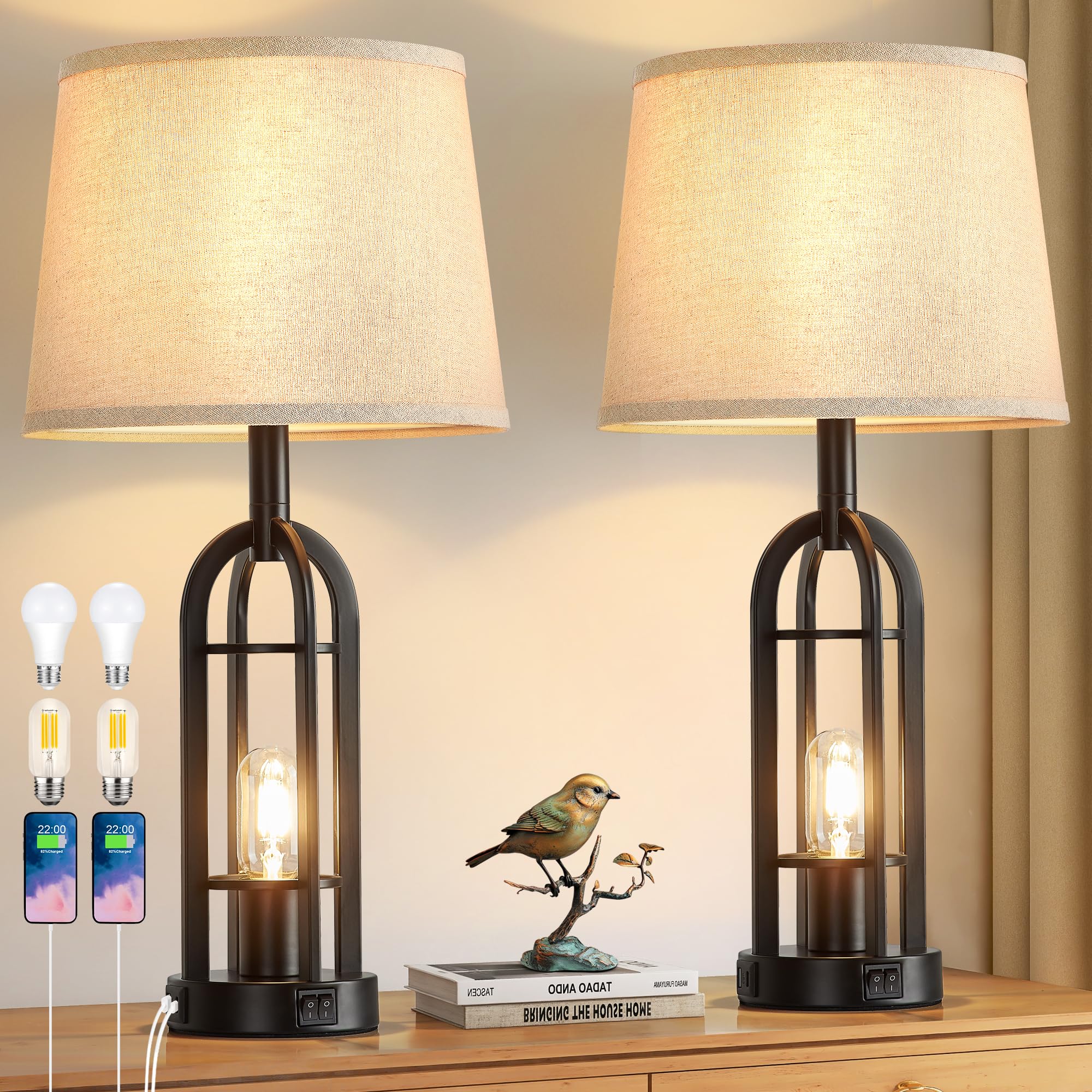 USB Farmhouse Black Bedside Lamp — 24"