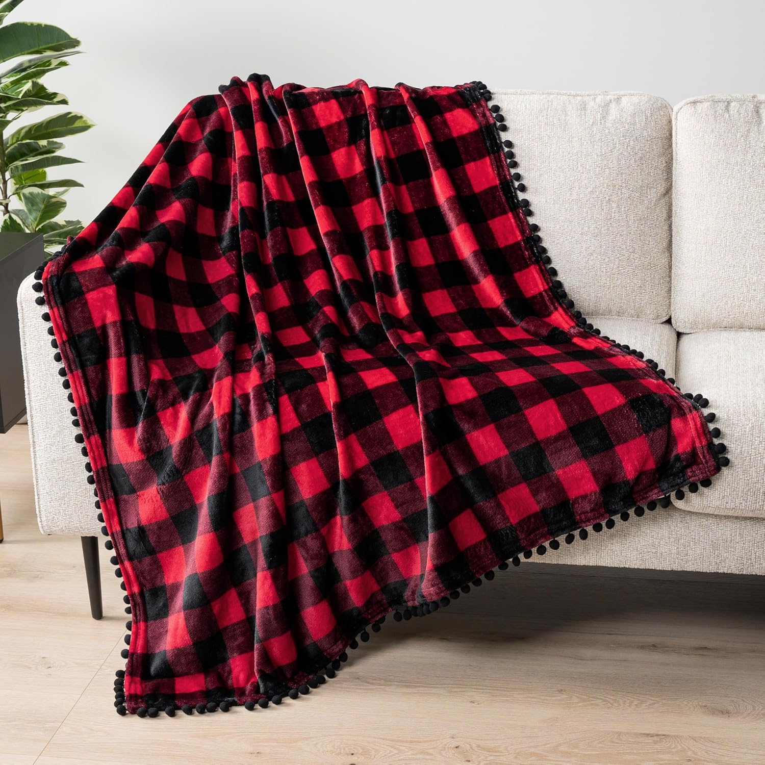 Pom Pom Beige Throw Pillow — 50" — Checkered Red