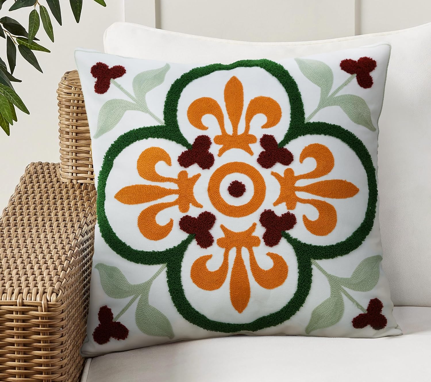 Embroidered Boho Orange Throw Pillow Cover — 20" — Style O