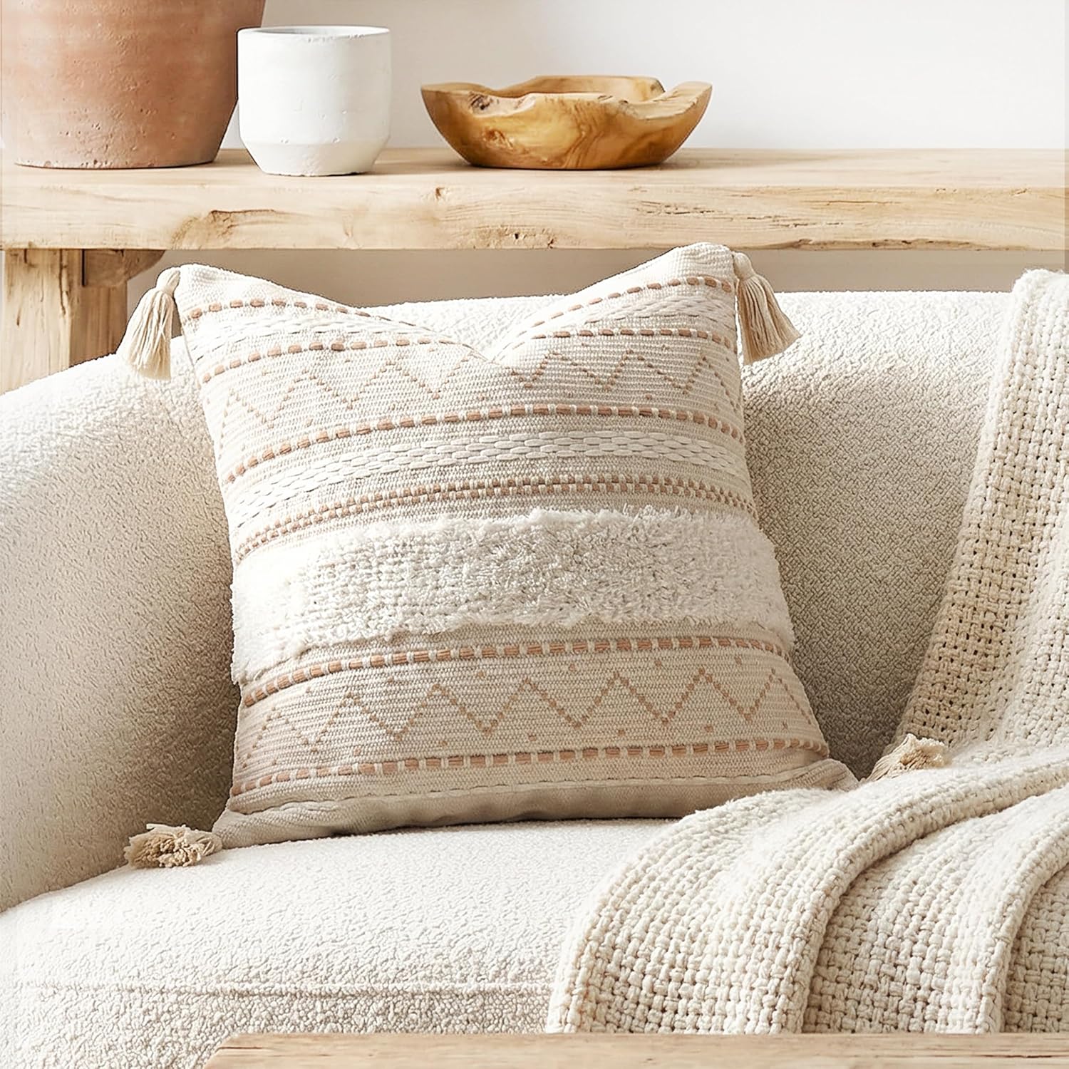 Tufted Boho Beige Pillow Cover — 36" — 20" x 20" (Pack of 1)