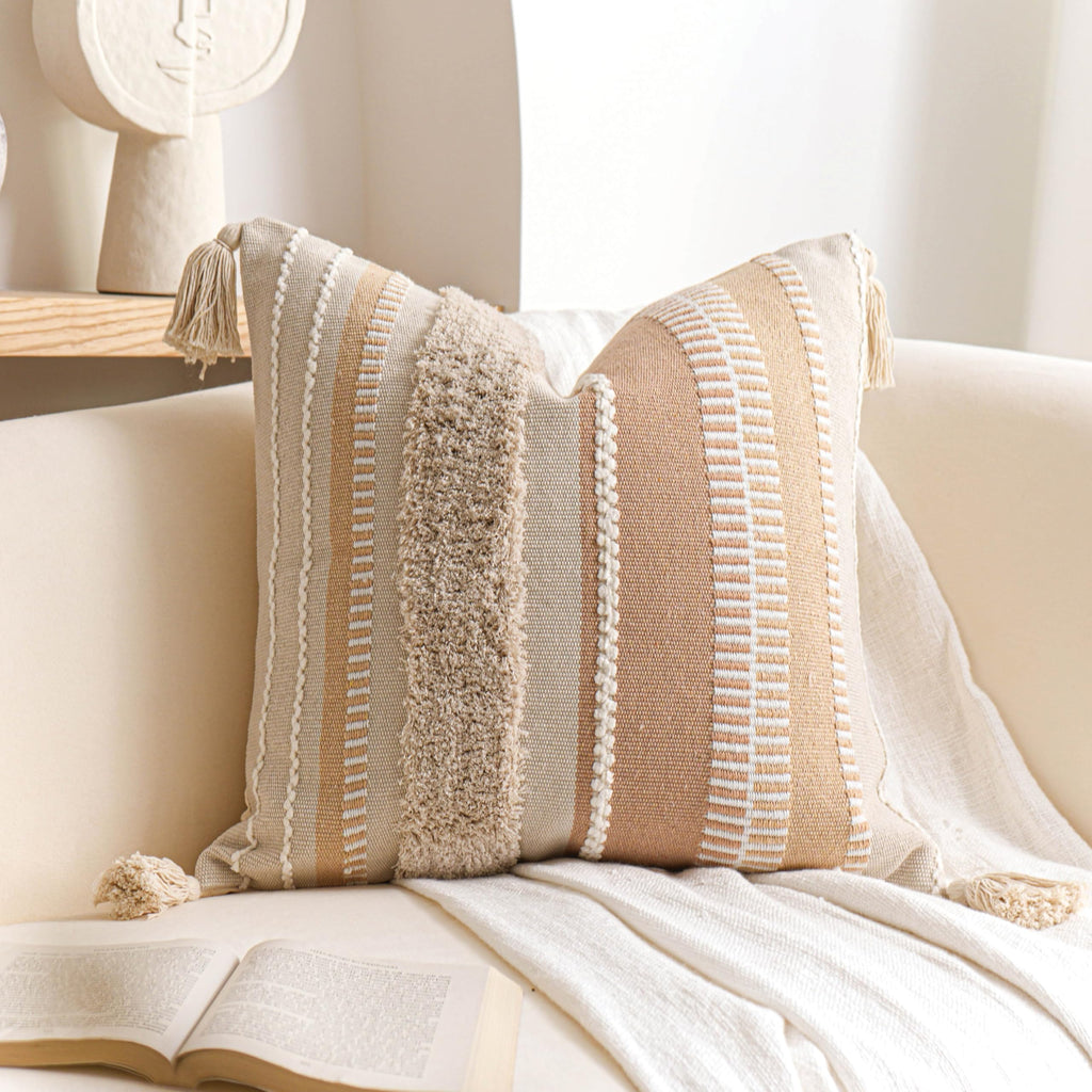 Tufted Boho Beige Throw Pillow Cover — 20"