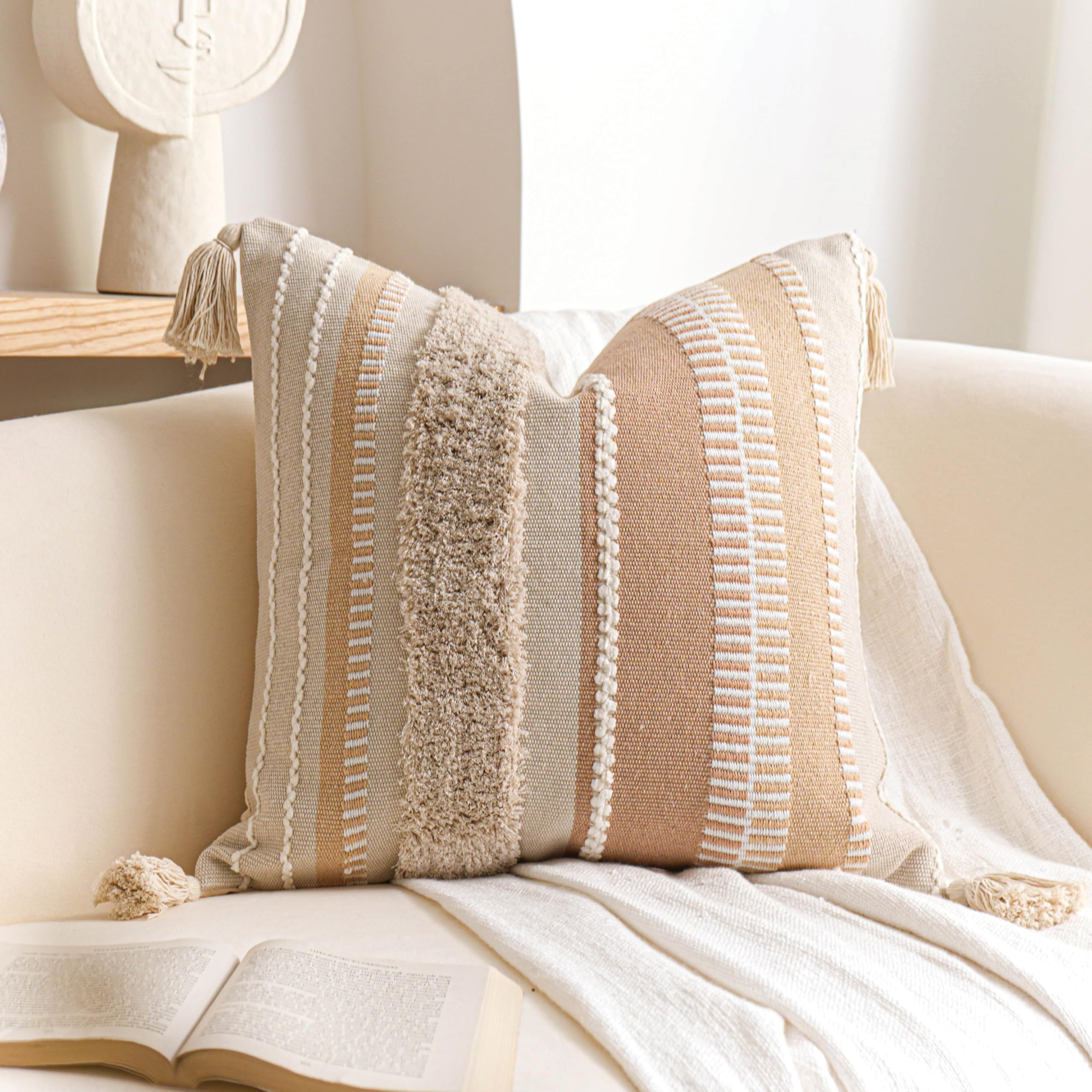 Tufted Boho Beige Throw Pillow Cover — 20"