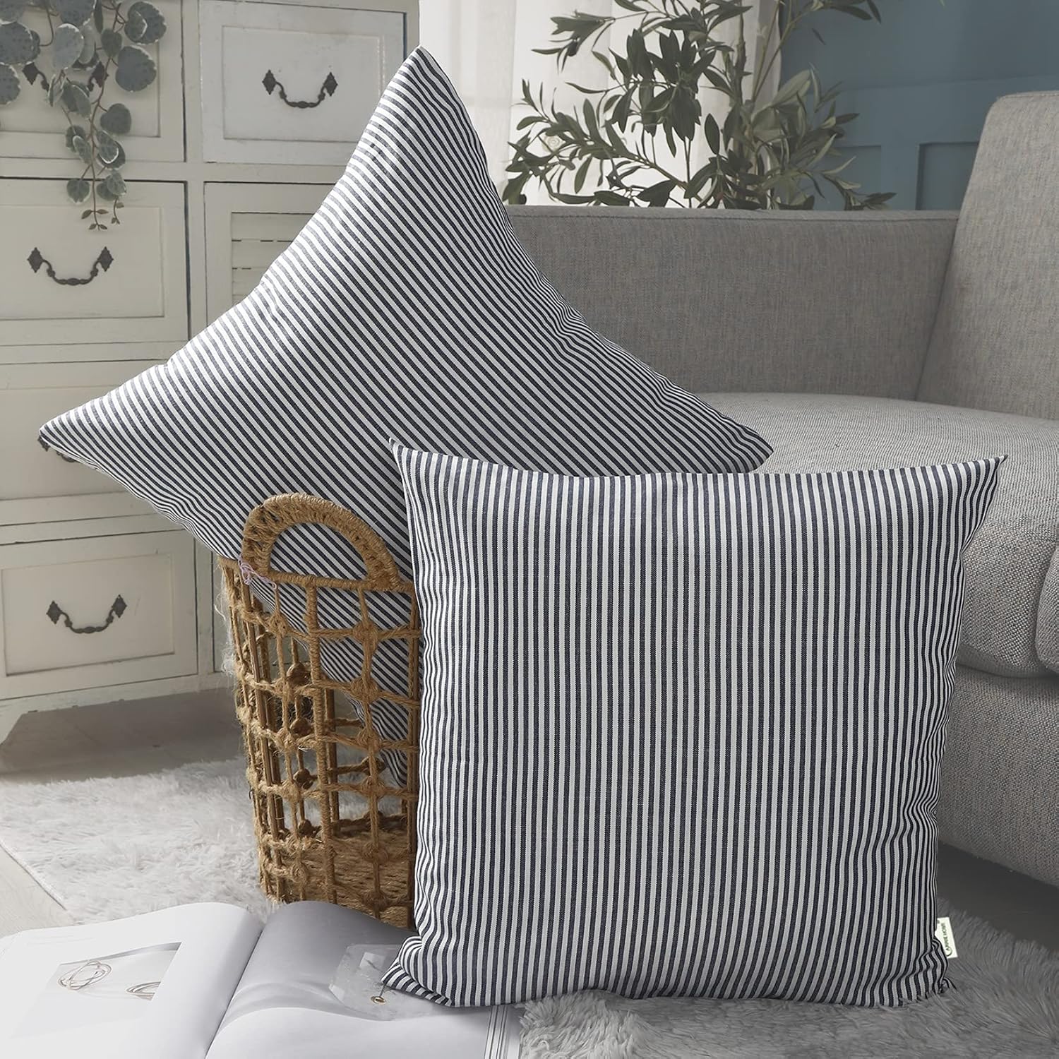 Boho Beige Throw Pillow Cover — 18" — Navy Stripe