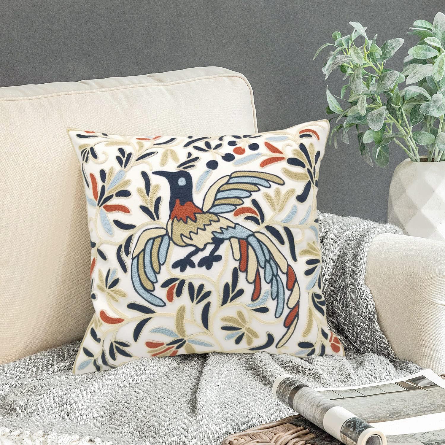 Embroidered Boho Blue Throw Pillow Cover — 18" — Z - Bird Ivory