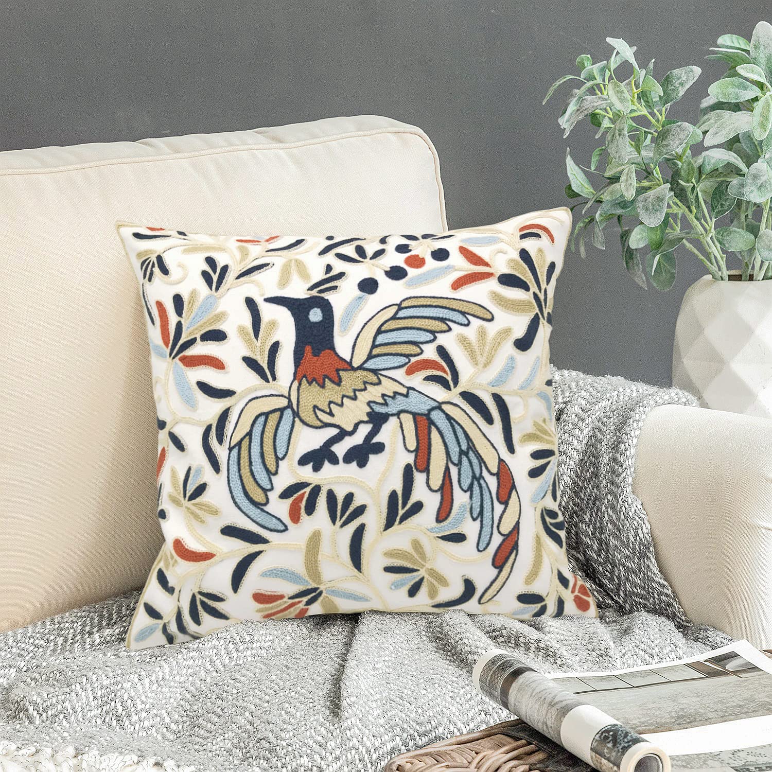 Embroidered Boho Blue Throw Pillow Cover — 18"