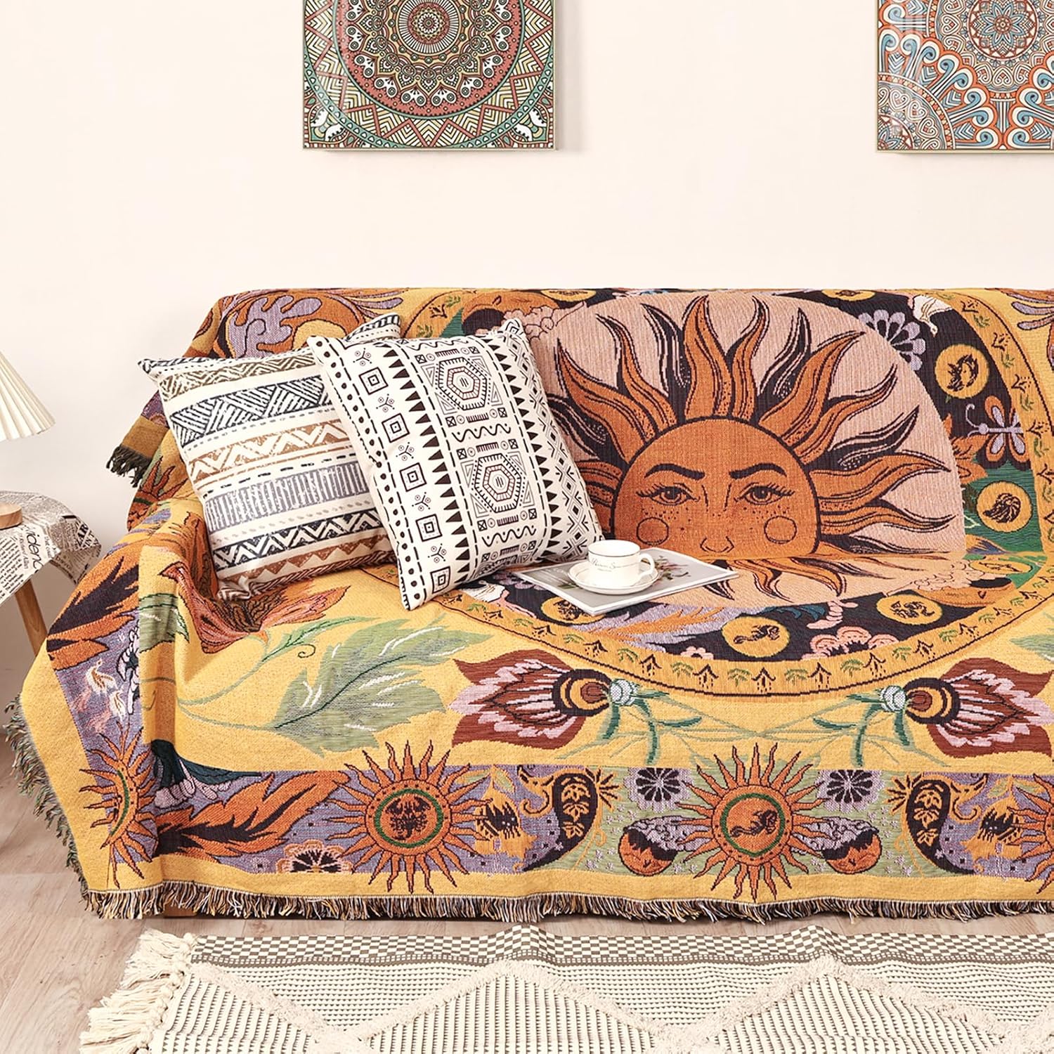 Boho Black Wall Art — 50" — National Sun Pattern Yellow