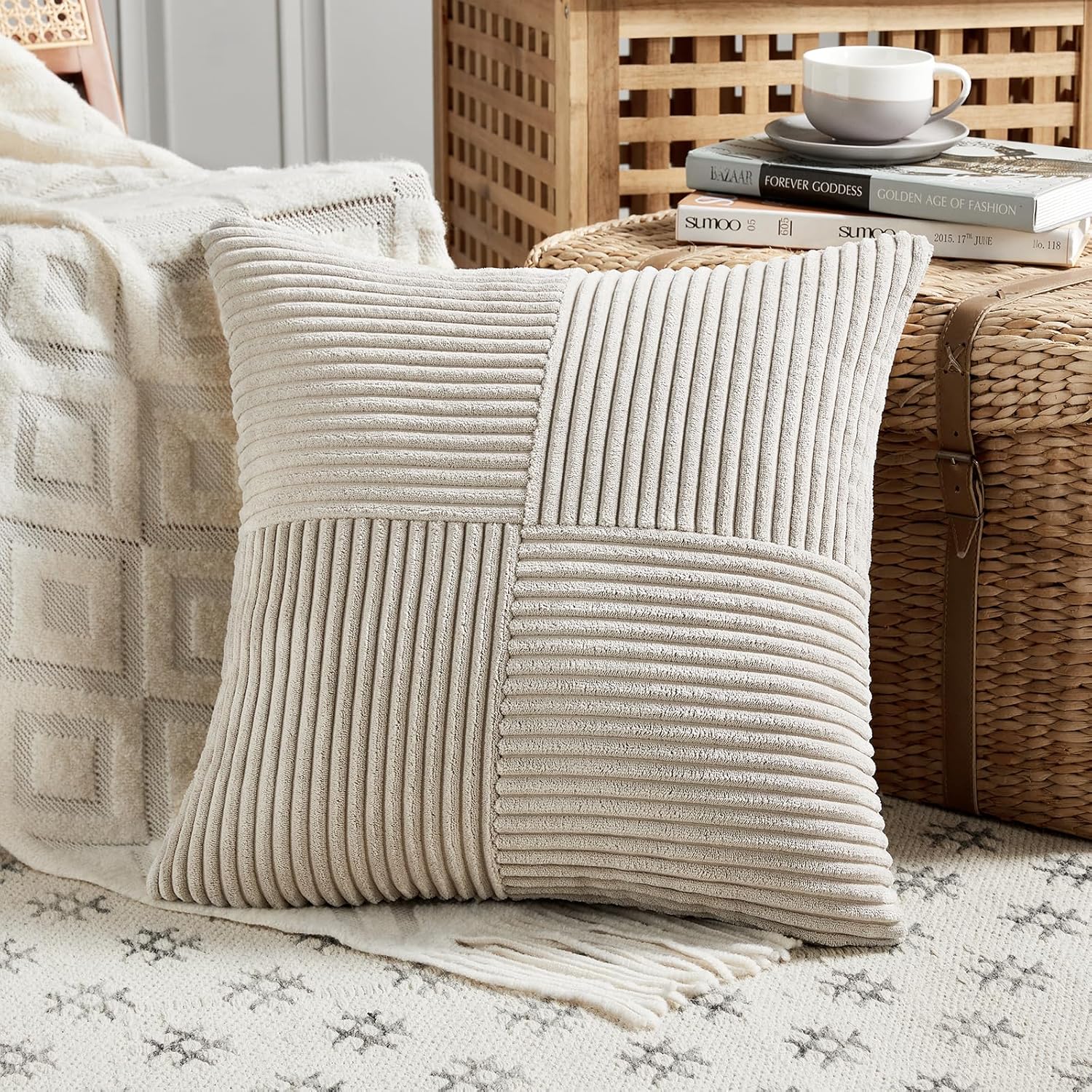 Lumbar Boho Beige Throw Pillow Cover — 20" — 18" x 18" (Pack of 1)