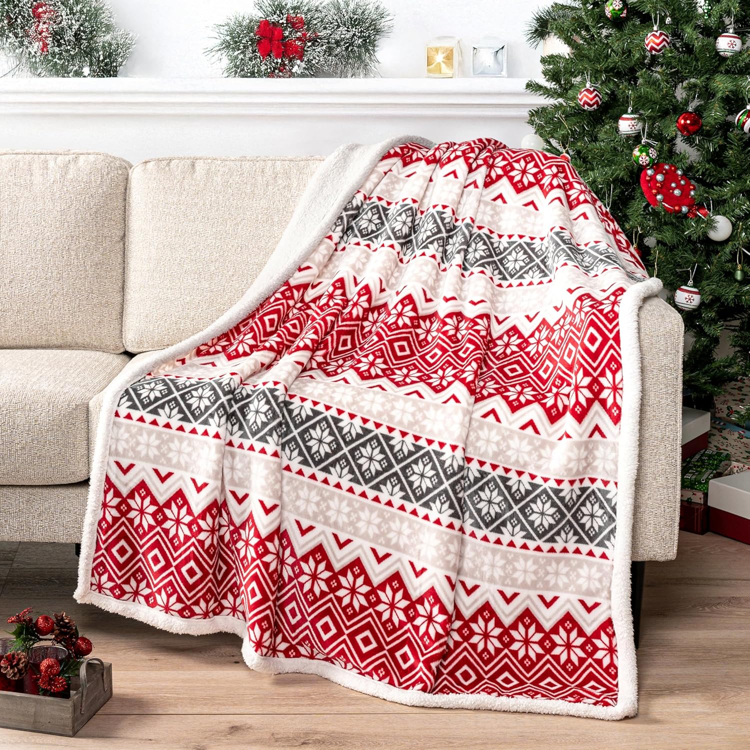 Beige Throw Pillow — 60x80 — Holiday-snowflake