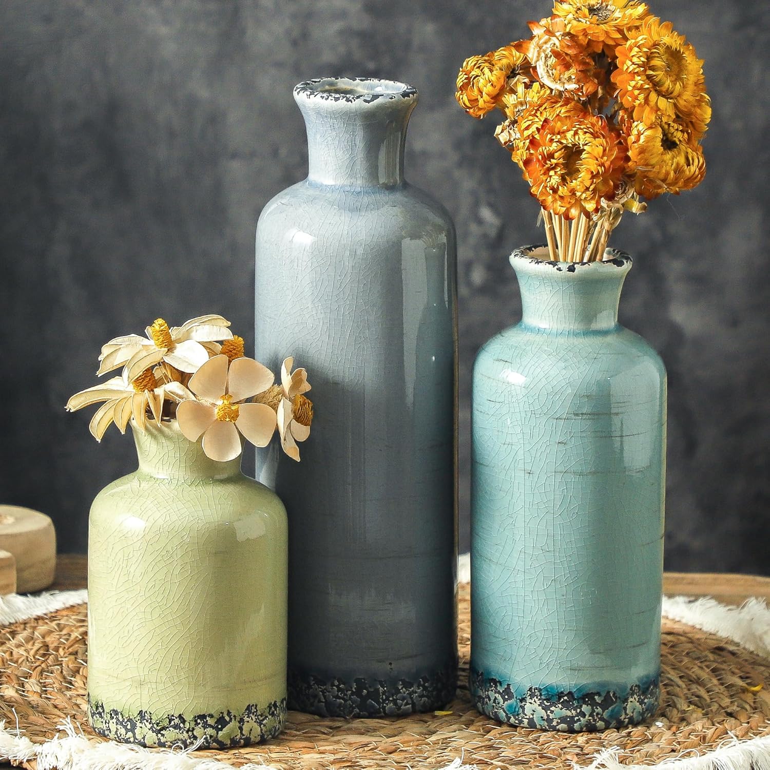 Vintage Farmhouse Blue Flower Vase — Set of 3 — 007 Rustic - Blue