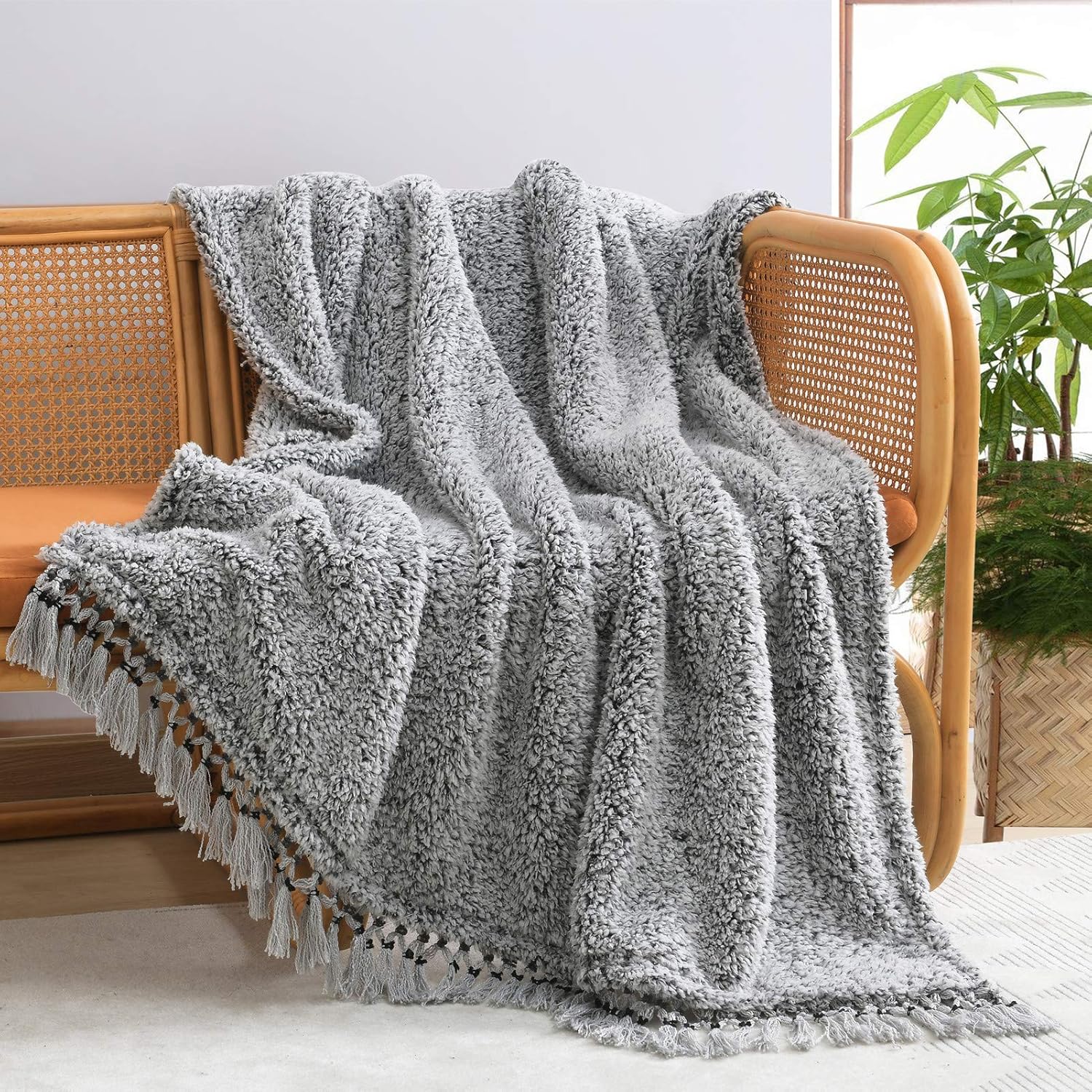 Boho Beige Throw Pillow — 50" — Black With Tassel