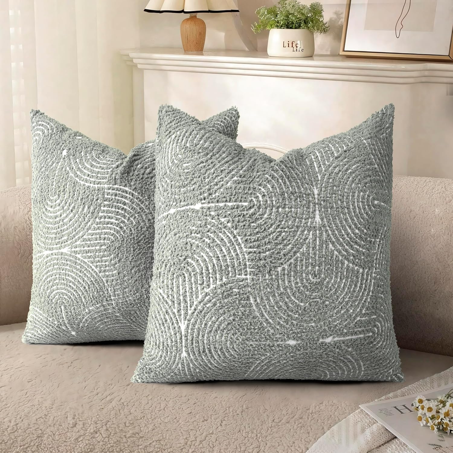 Tufted Boho Beige Throw Pillow Cover — 18" — Slate Pale Blue Gray