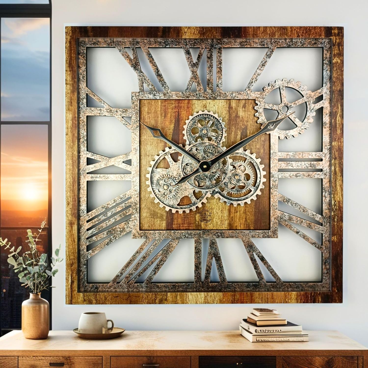 Oversized Farmhouse Beige Wall Clock — 24" — Vintage Brown