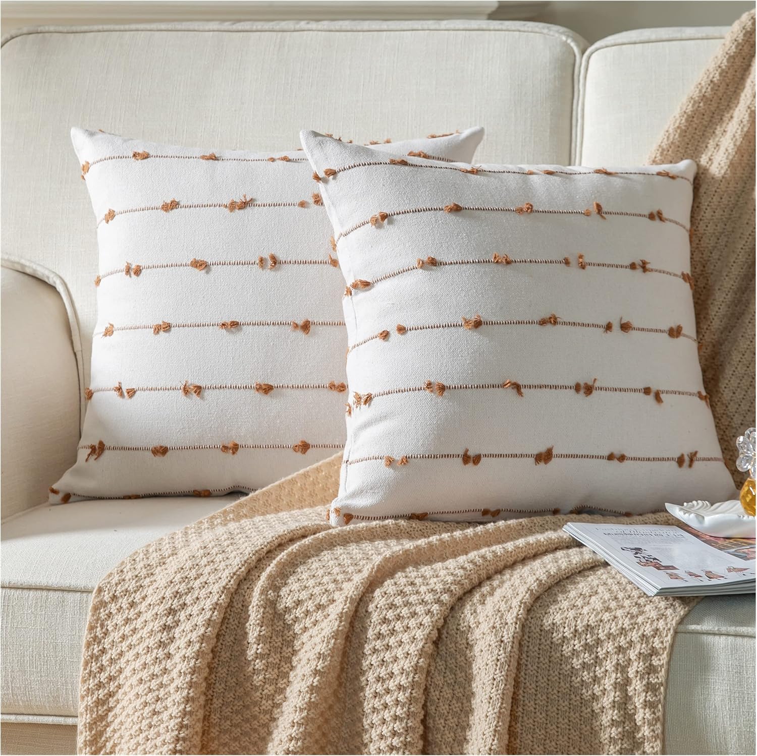 Boho Black Throw Pillow Cover — 22" — Brown Off White