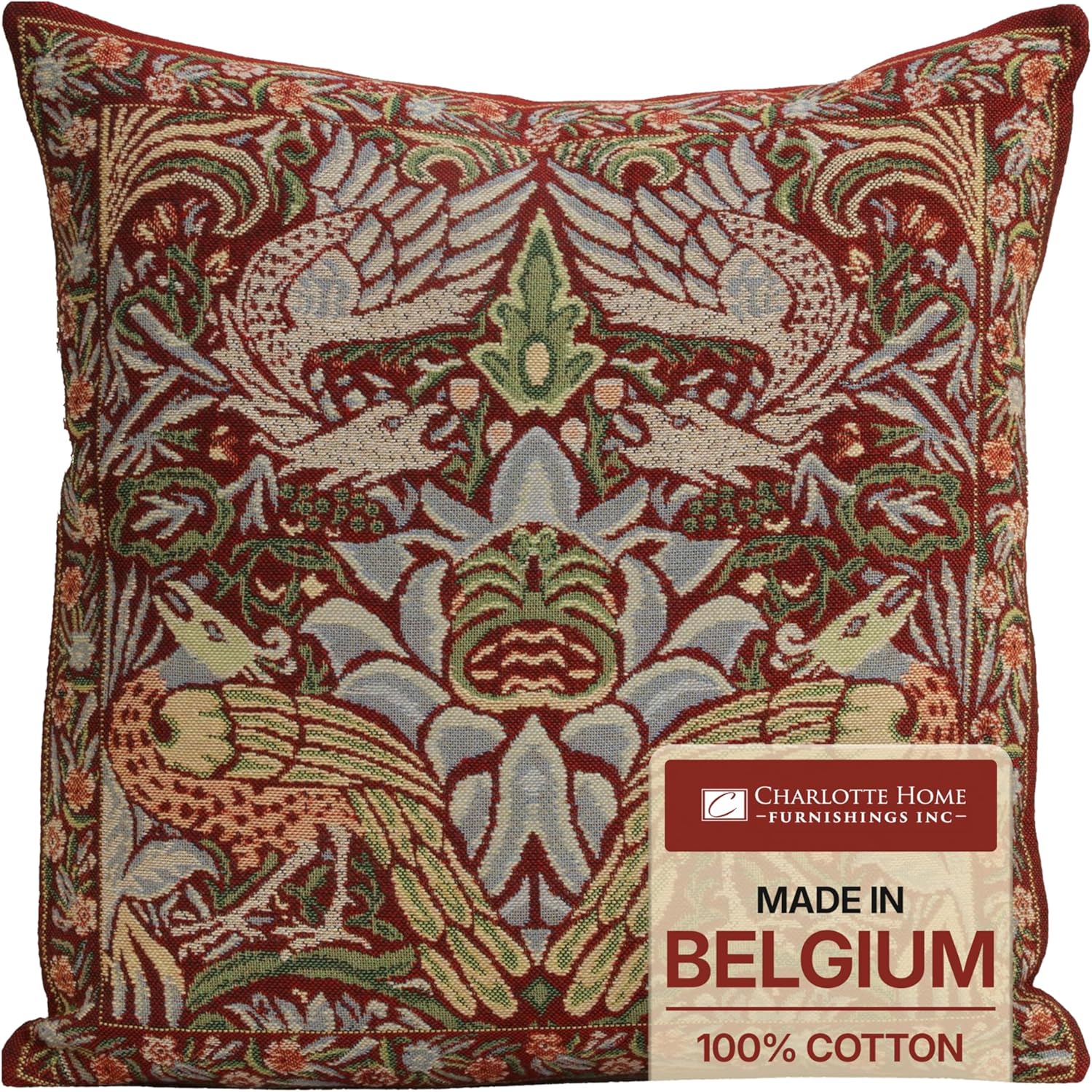 Boho Beige Throw Pillow Cover — 16x16 — Peacock and Dragon Red