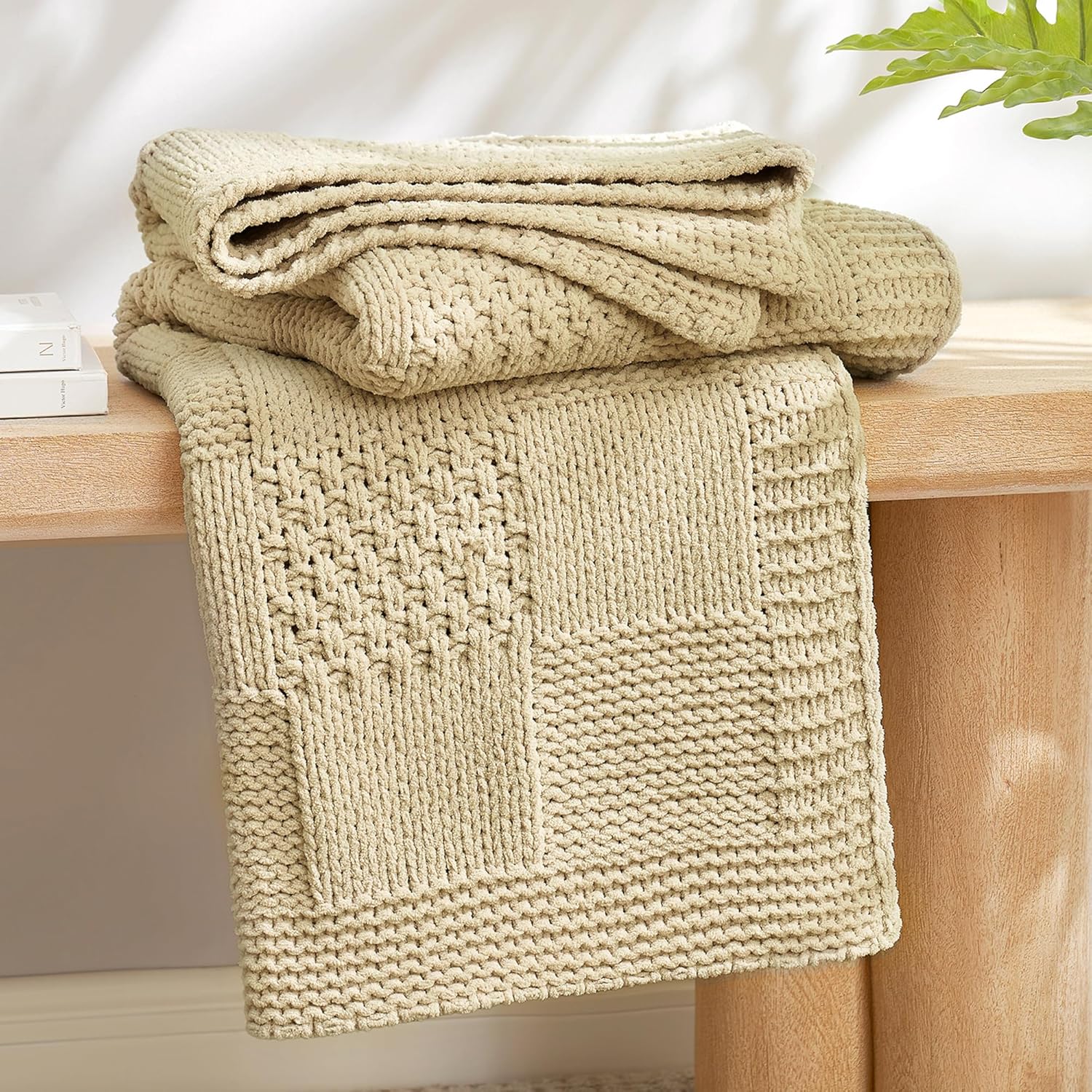 Knit Beige Throw Pillow — 50" — Checkered Beige