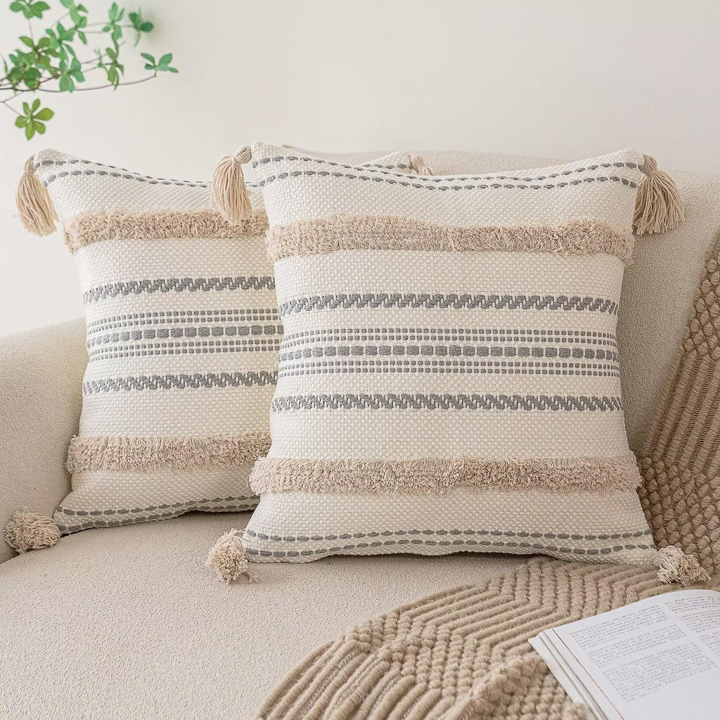 Tufted Boho Beige Throw Pillow Cover — 18"