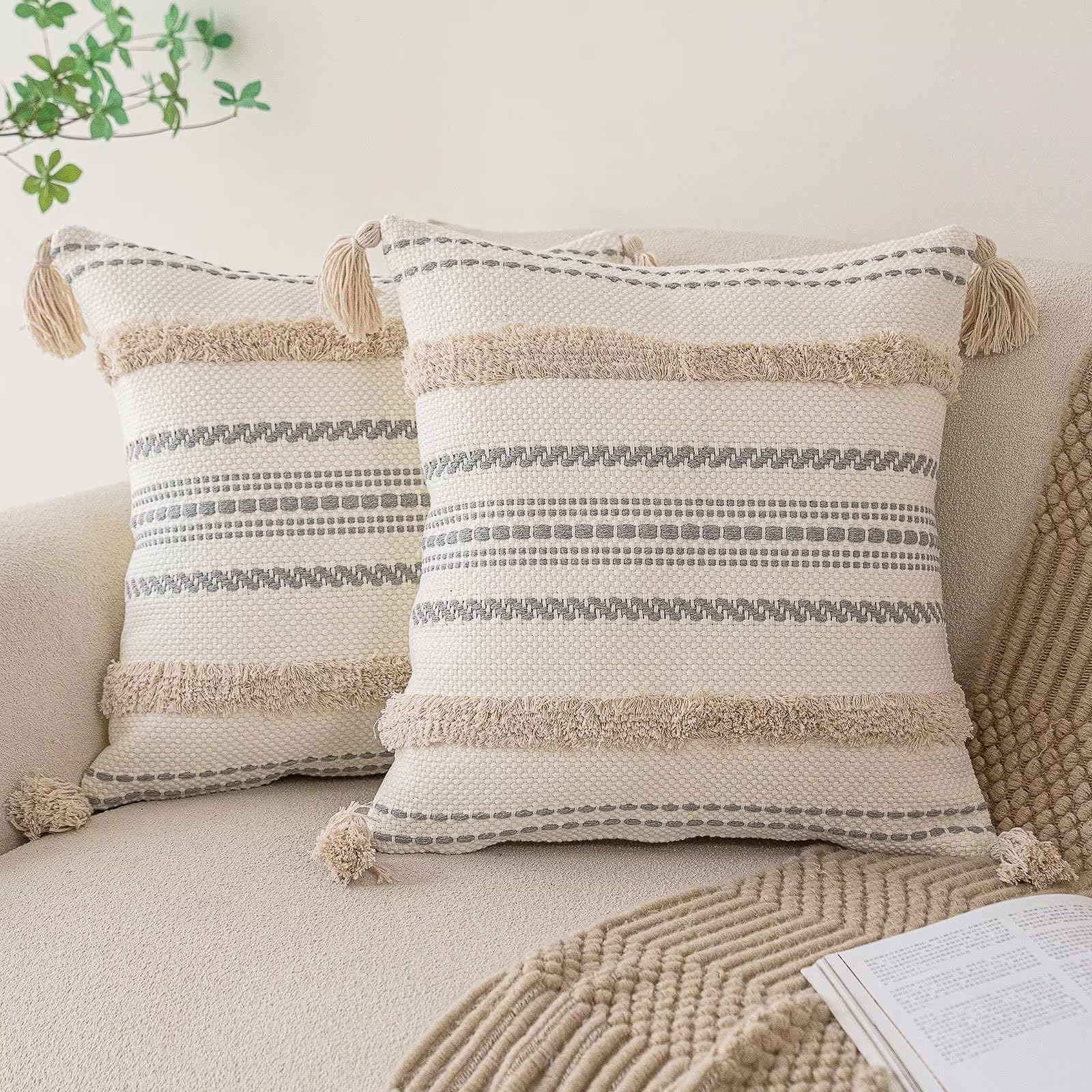 Tufted Boho Beige Throw Pillow Cover — 18"