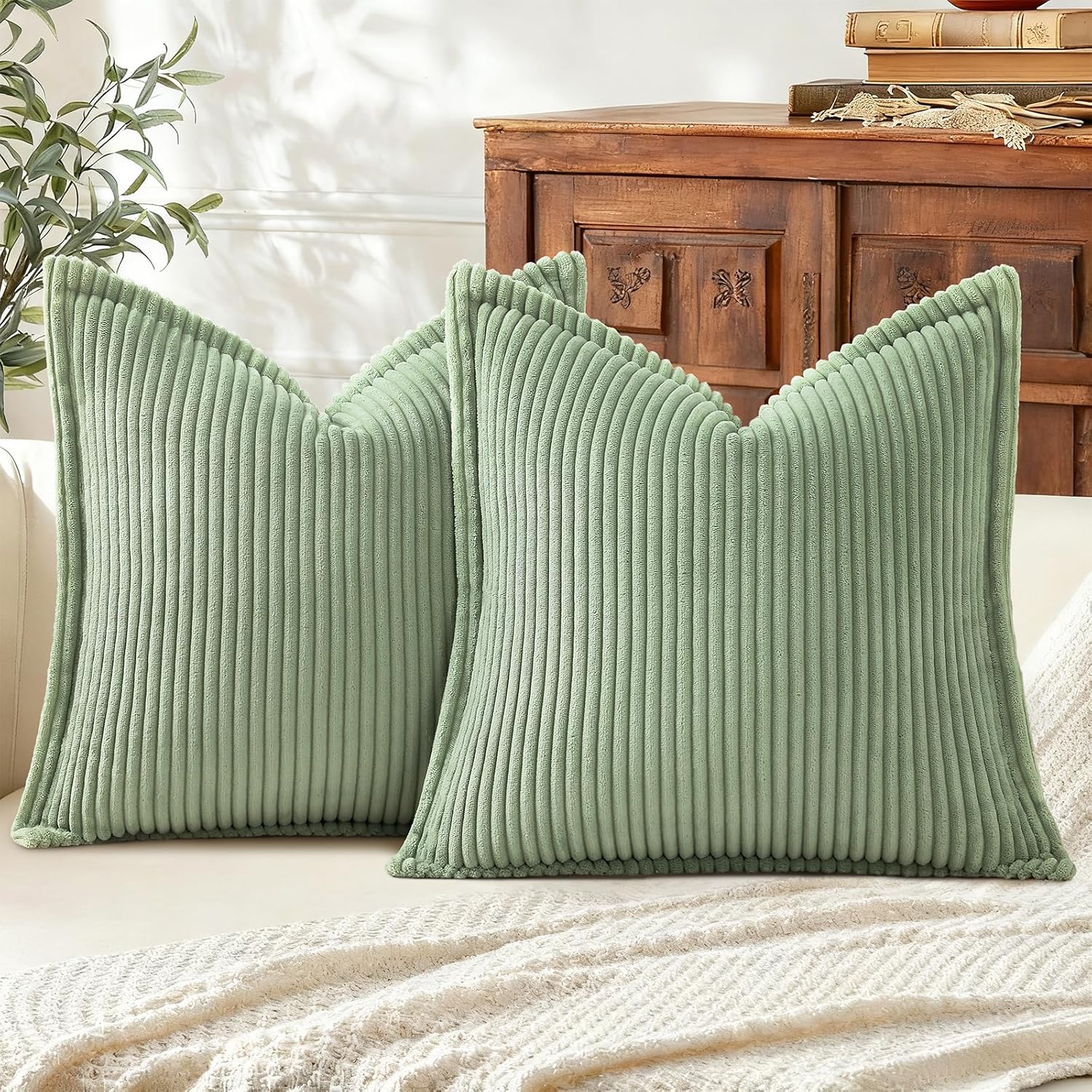 Boho Beige Throw Pillow Cover — 18" — Sage Green
