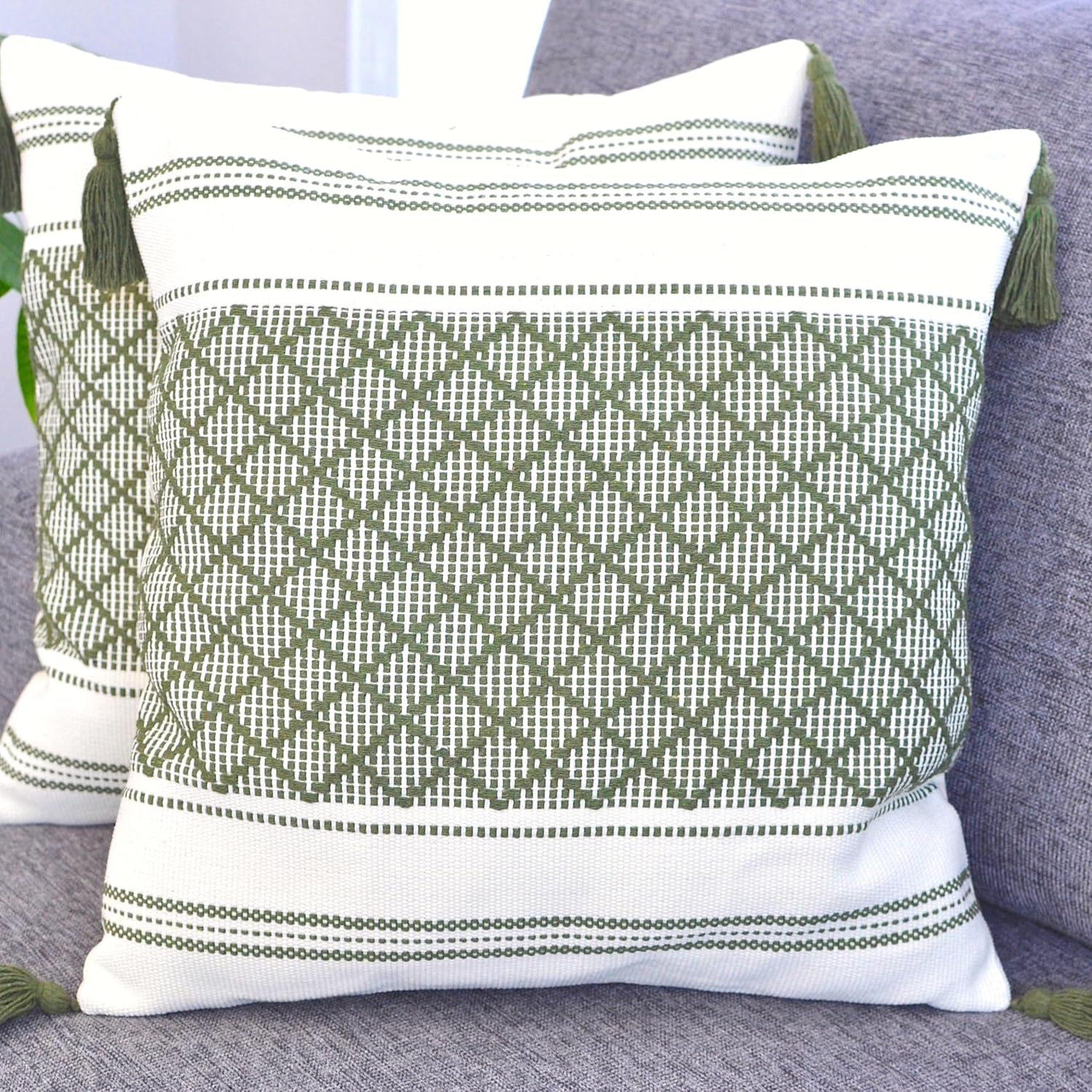 Boho Black Throw Pillow Cover — 20" — Olive Green