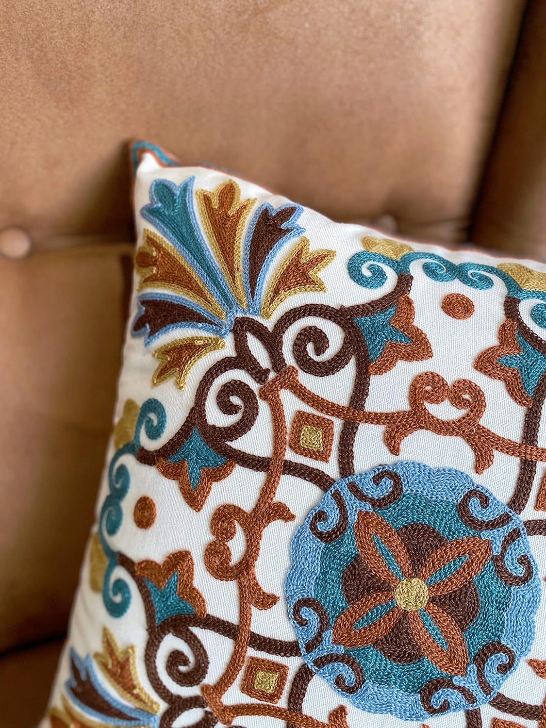 Embroidered Boho White Throw Pillow Cover — 18x18 - View 7