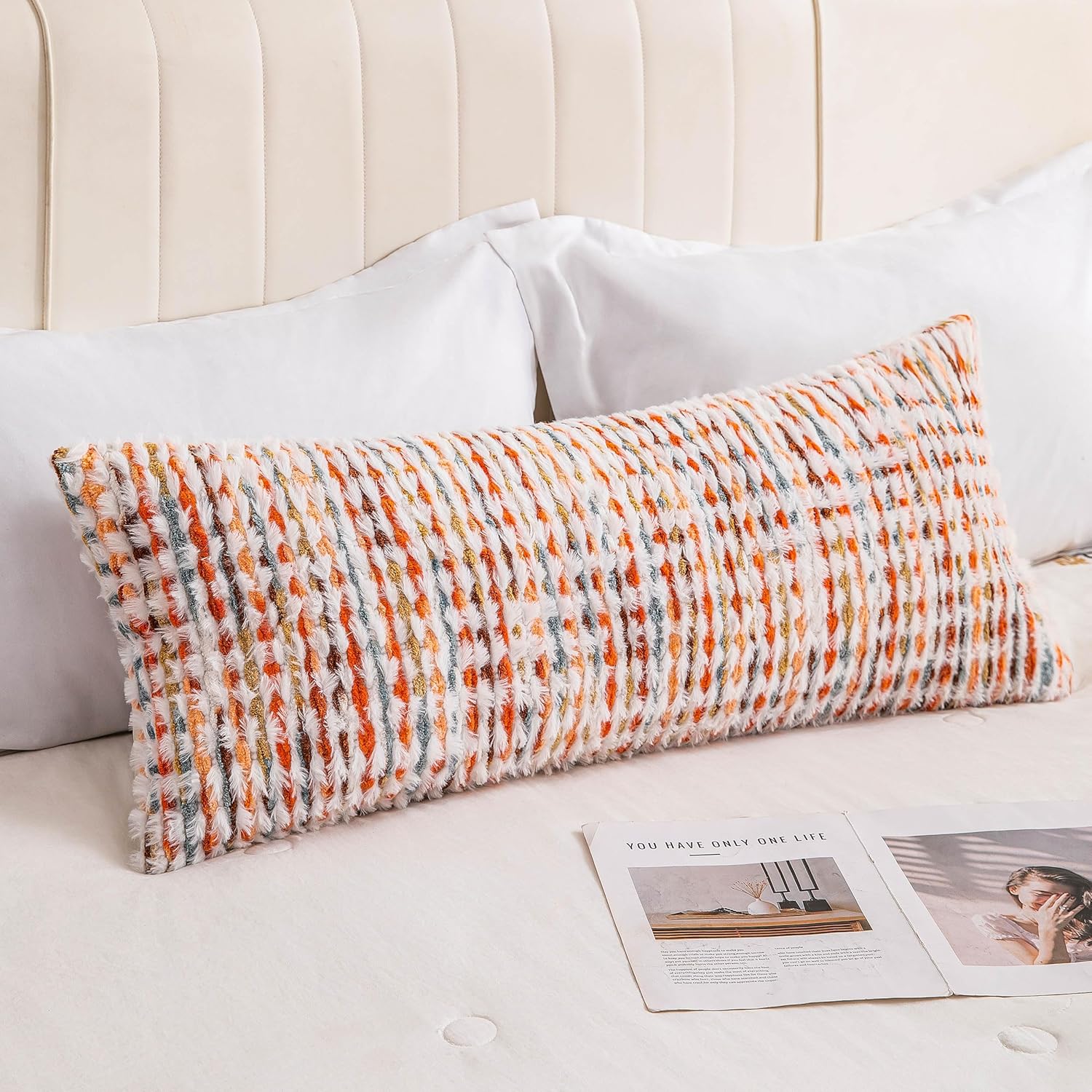 Tufted Boho Blue Throw Pillow Cover — 18" — Orange