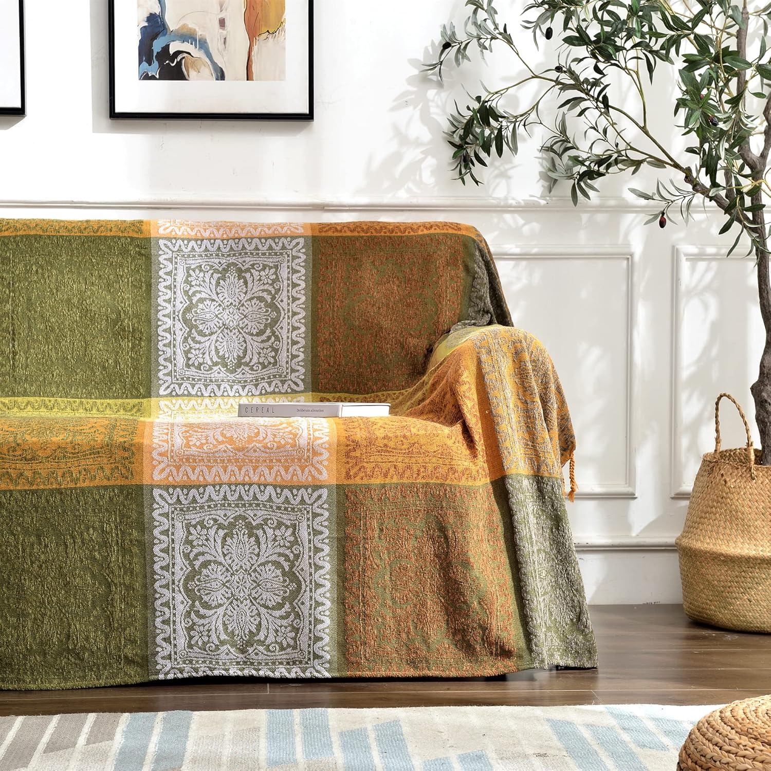 Chenille Boho Black Throw Pillow — 60" — Green
