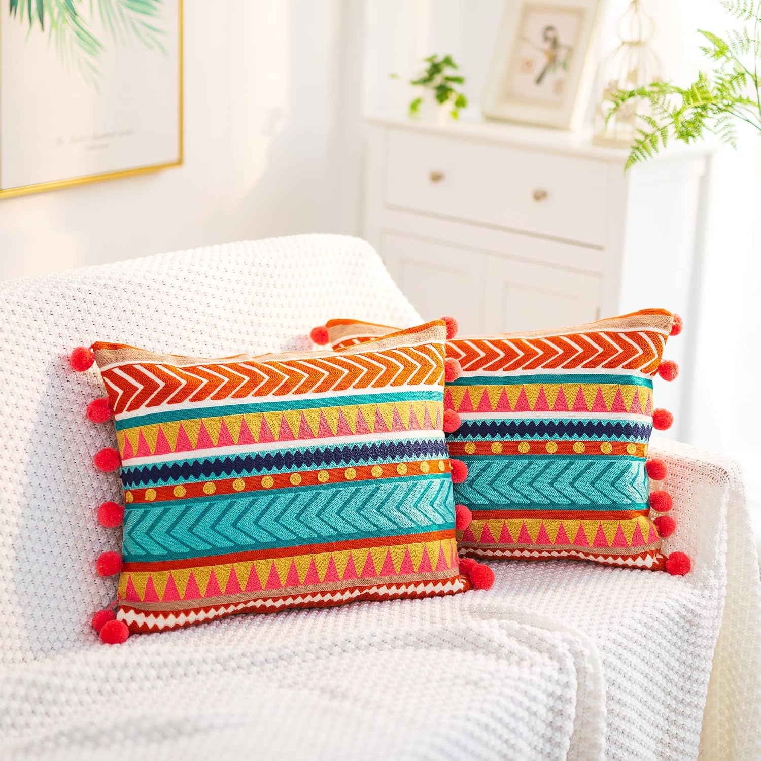 Embroidered Boho Blue Throw Pillow Cover — 18" — Horizontal Stripes
